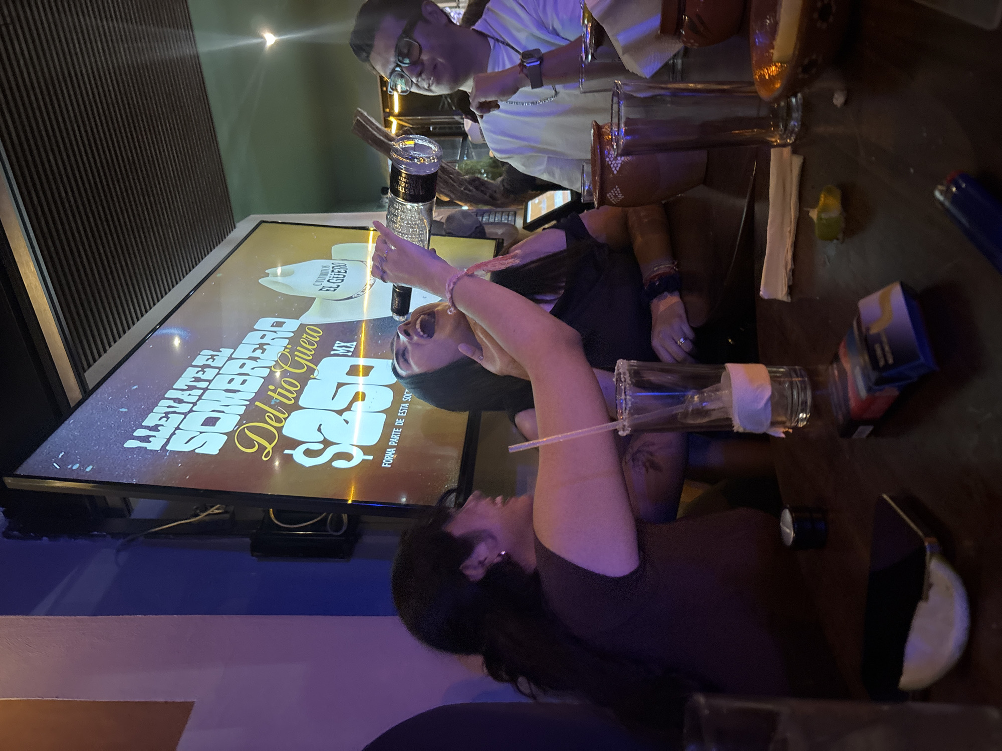 A bar scene in Puebla, Mexico depicts three people at a bar. The first person is wearing a brown shirt and long black hair. The second person is wearing a black shirt with a tattoo on their arm. The third person is wearing a white shirt and glasses. All three are sitting at the bar. A TV is on the wall showing advertising for “El Sombrero Del Tio Guero”. The bar has alcoholic drinks and glasses on it. A straw is on the table.