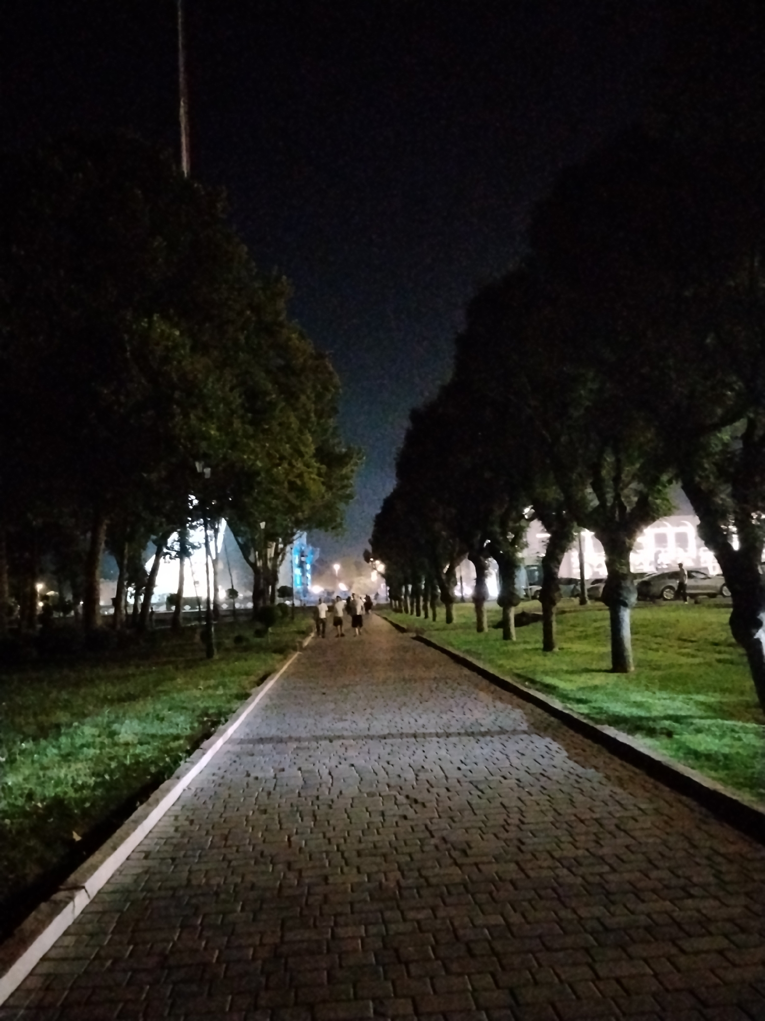 The image shows a paved pathway in Bishkek City, Kyrgyzstan, at night. The pathway is lined with trees on both sides. In the distance, there are illuminated buildings and parked cars. A group of people are walking along the pathway. The lighting suggests artificial illumination from streetlights or nearby buildings. The overall atmosphere is calm and peaceful, characteristic of an evening stroll in a city park or boulevard.