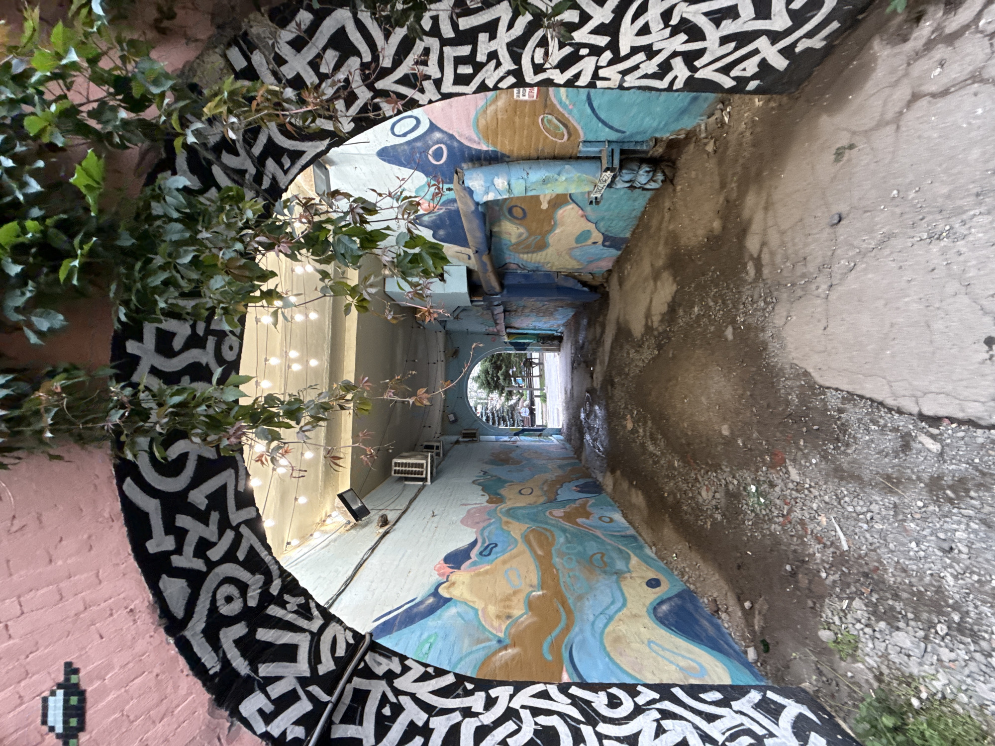 The image shows a narrow, arched alleyway with colorful murals covering the walls. The alleyway floor is made of dirt and gravel, with some scattered debris. Overhanging vines with green leaves add a natural element to the scene. String lights are visible along the ceiling of the archway, suggesting it might be an outdoor dining area or a decorative walkway. The murals feature abstract shapes and flowing lines in shades of blue, pink, and brown, creating a vibrant and artistic atmosphere. A small pixelated image of a flying saucer is present on the pink wall above the arch. The alley leads to a slightly brighter area outside, where trees and a few people can be seen in the distance. The overall impression is one of an urban art installation or a creative, re-purposed space within the city.