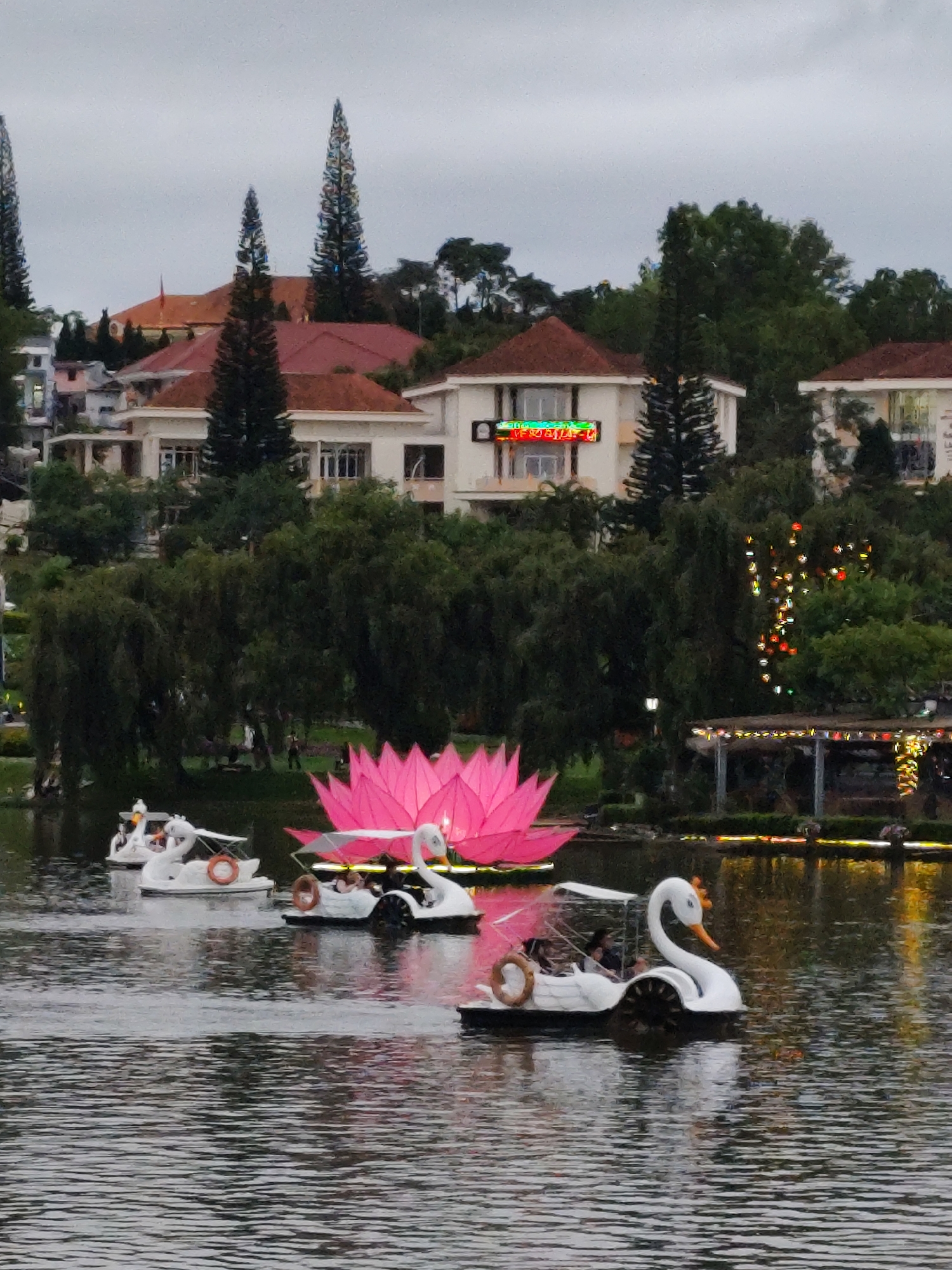 The image captures a scene at Xuân Hương Lake in Đà Lạt, Vietnam. The foreground features swan-shaped pedal boats on the water, some occupied by people. A large, illuminated pink lotus flower decorates the lake. In the background, buildings with red tile roofs are visible on a hill amidst trees. Some buildings feature neon signs. The sky is overcast.