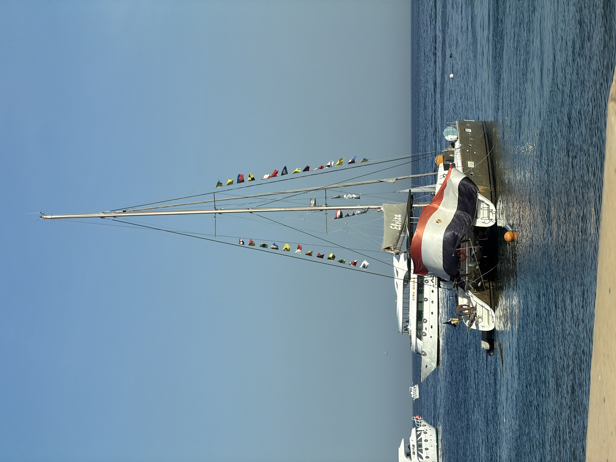 The image captures a bright, sunny day at a harbor in Sharm El Sheikh, Egypt, with a clear blue sky and calm, deep blue water. In the foreground, a large, golden catamaran named "Elviza" is prominently docked. It is adorned with a string of small international flags running along its mast and a large red, white, and blue flag draped over its stern, likely the Egyptian flag. A person is visible on the stern of the catamaran, appearing to be tending to something. To the left of the catamaran, a white luxury yacht is docked, and further in the distance, another larger white yacht is visible. The background shows the vast expanse of the sea meeting the horizon under the clear sky. The scene suggests a leisurely atmosphere typical of a tourist or recreational port.