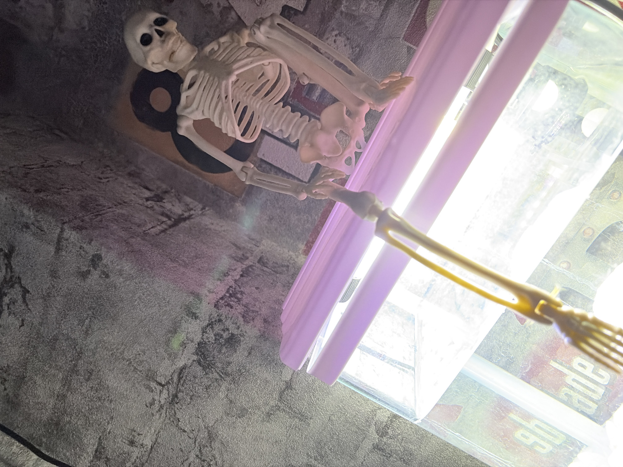 A skeletal figure is positioned on top of a lit aquarium. The skeleton is in a seated position and appears to be reaching out with one of its hands, holding a yellow fork. The aquarium is filled with water and has a colorful background with some text that is partially obscured. The scene is illuminated by the light from within the aquarium and a pinkish light source above it. The background consists of a textured, grey wall. The image does not contain any information that could identify its location in Chaikovsky, Russia.