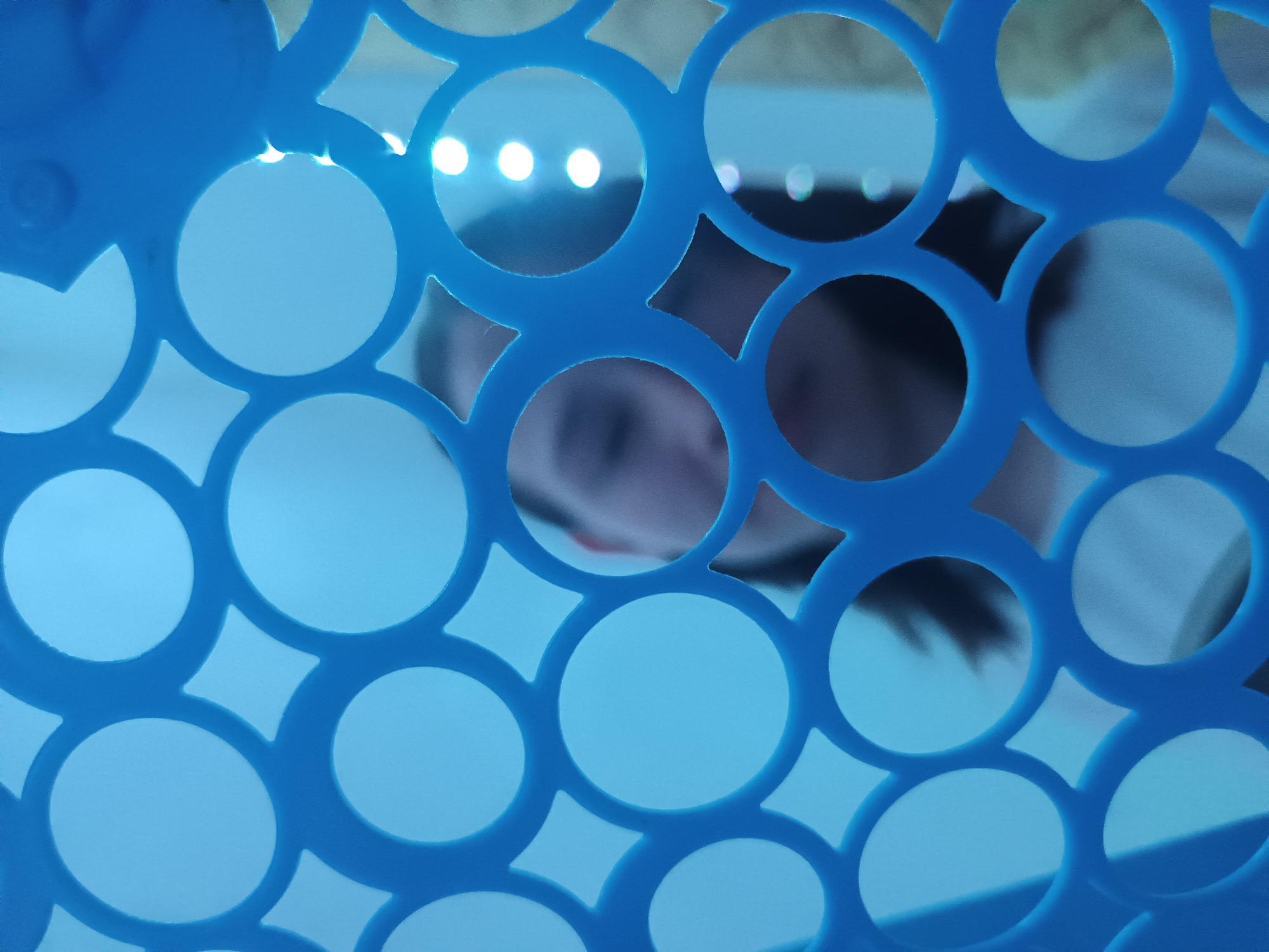 The image presents an indoor scene from Ольховка, Russia, viewed through a prominent blue, perforated screen. The foreground is dominated by this screen, which features a repeating pattern of interconnected circular cutouts, interspersed with smaller diamond shapes formed where the circles meet. The blue material of the screen is solid and vibrant, creating a strong visual filter.
Through the openings in the blue screen, a person is partially visible in the background. The individual appears to be lying down or reclining, with parts of their head and upper body discernible, though blurred and obscured by the screen. Their posture suggests a moment of rest or relaxation. Several bright, white, circular light sources are visible in the upper background, hinting at artificial indoor lighting. The overall blue tint to the image, likely a result of the screen's color and the lighting, contributes to a calm and somewhat ethereal atmosphere. No text is visible in the media file.