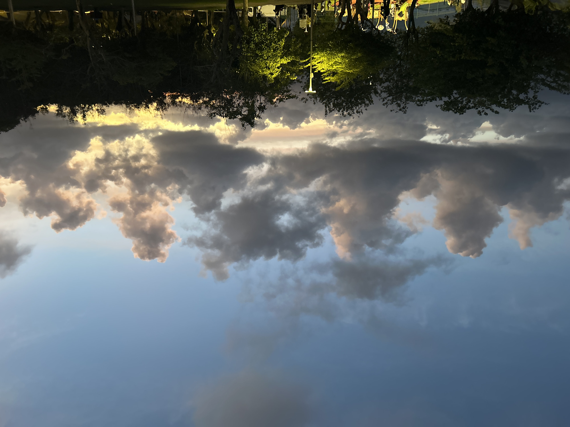 The image shows a sky with heavy, dark clouds illuminated by the setting sun. Below the clouds, there is a row of trees and streetlights, likely a park or urban area, with people present. The image is oriented upside down.