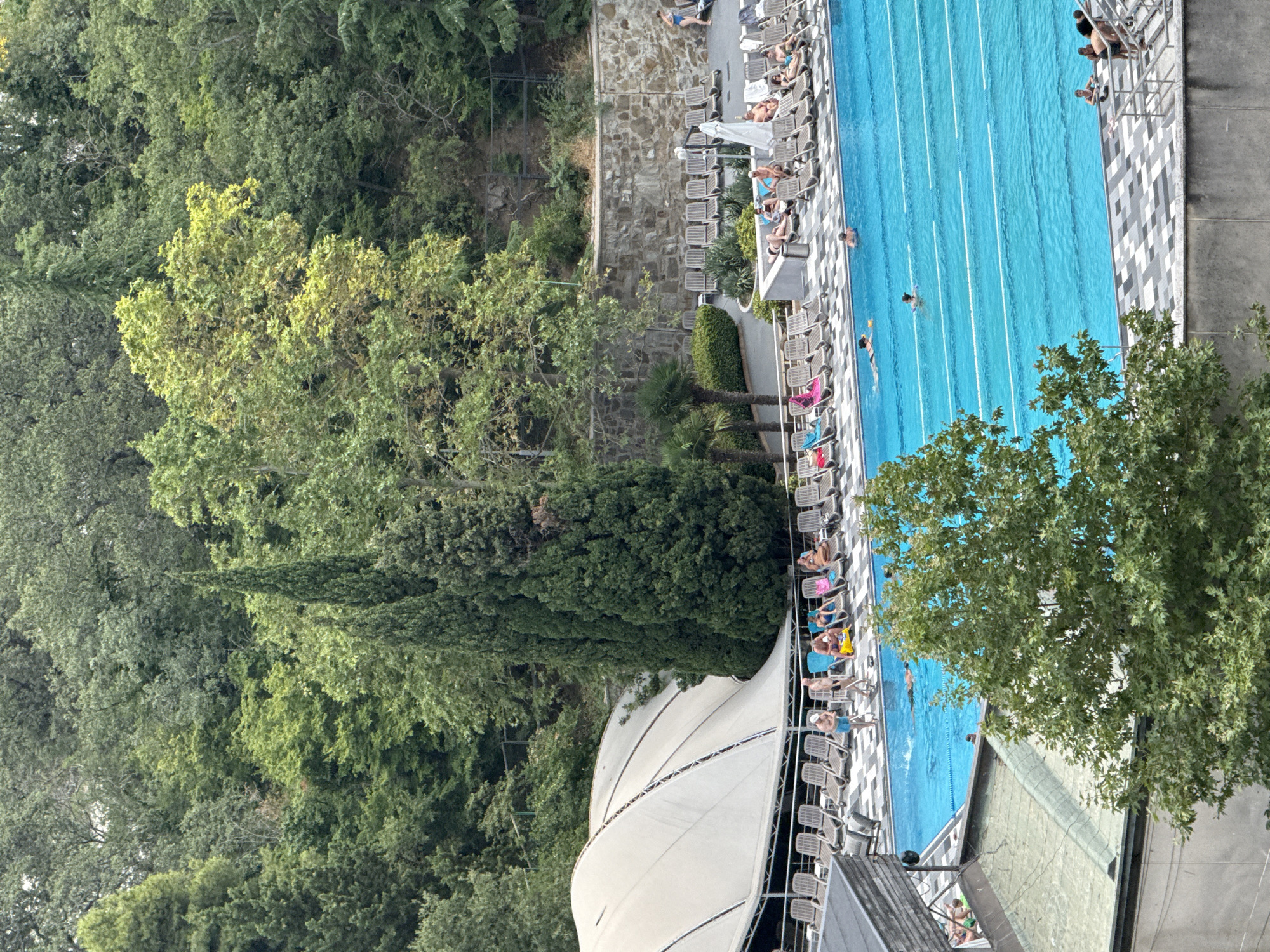 The image captures a resort scene in Yalta, Ukraine, featuring an outdoor swimming pool complex situated amidst lush greenery and forested hills. The pool itself is a prominent element, a vibrant turquoise rectangular body of water divided into lanes by white lines. Several people are visible within and around the pool. Some are swimming, with one individual in a black swimsuit actively swimming laps, and another person partially submerged. Others are relaxing on lounge chairs arranged in rows surrounding the pool. These lounge chairs are mostly empty, though a few individuals are seated or reclining on them, dressed in swimwear.
Adjacent to the pool area, a large, white, tent-like structure provides shade, with a row of lounge chairs neatly placed beneath it. Further back, a stone wall forms a retaining structure for the hilly terrain, which is densely covered with trees and tall cypress-like evergreens. The overall environment suggests a warm-weather resort, with the natural landscape complementing the man-made amenities. The architecture of the buildings in the foreground, partially visible, hints at a concrete and modern construction style. The image appears to be taken from an elevated perspective, looking down at the pool and its surroundings.