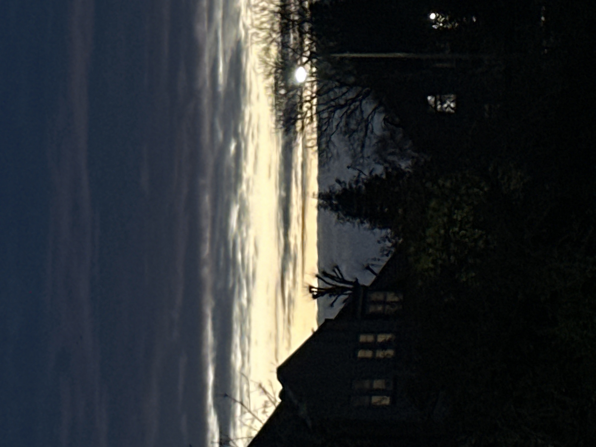 The image depicts a residential scene in London, United Kingdom, at either dawn or dusk. The upper half of the frame displays a sky with stratified clouds; dark grey-blue clouds occupy the top, transitioning to a distinct bright yellow-orange band along the horizon, above a layer of darker grey clouds. The foreground and midground are largely silhouetted against this light. On the left, a two-story gabled house is partially visible, with multiple interior lights illuminating its upper-floor windows. To the right, another building, possibly residential, shows a single illuminated window featuring a prominent cross-patterned muntin. Numerous bare tree branches and areas of dense foliage are silhouetted across the scene. A bright, circular street light is visible on the far right, partially obscured by surrounding tree branches. No individuals or discernible actions are present.