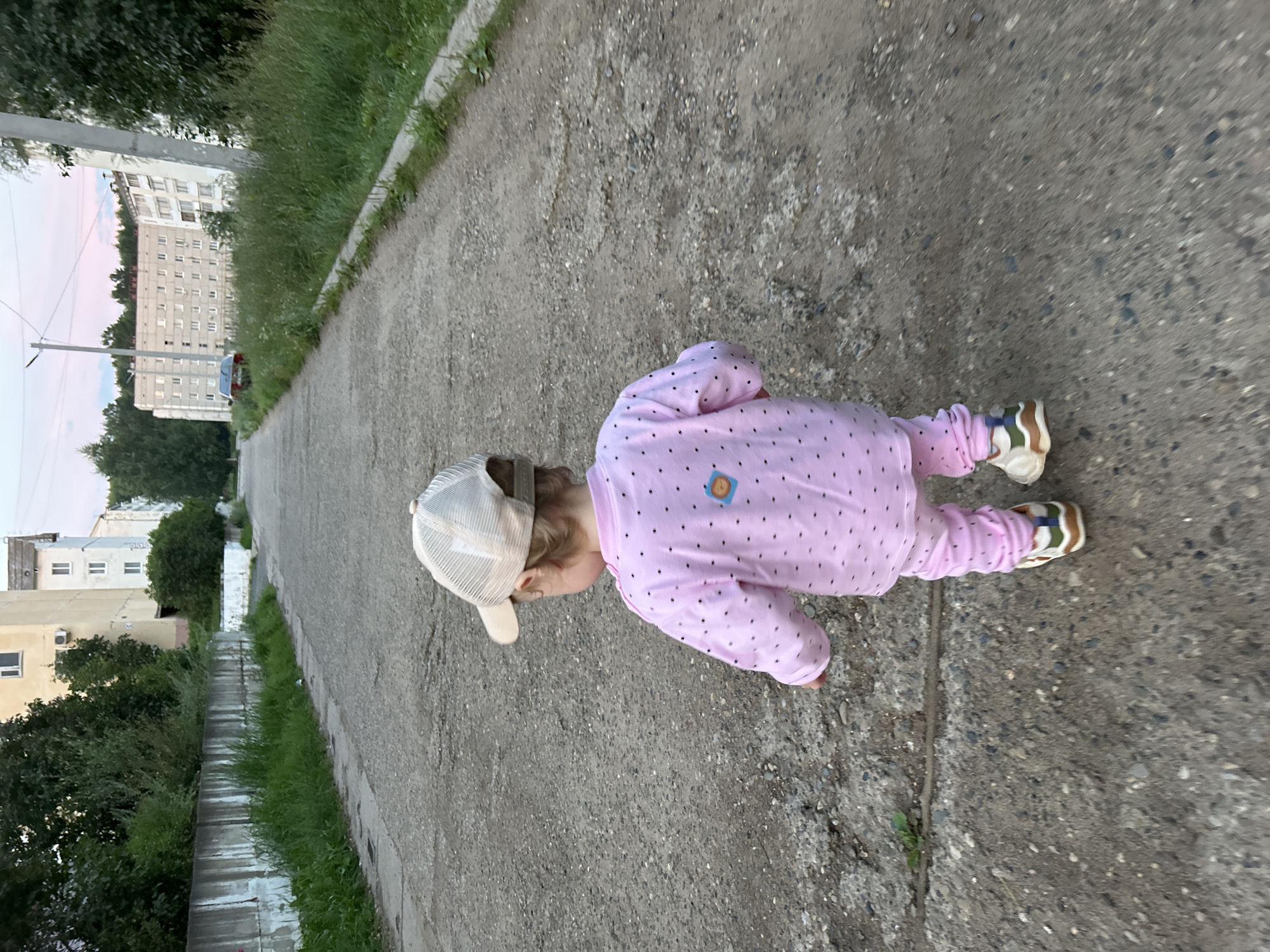 A toddler wearing a pink outfit and a beige baseball cap walks away from the camera down a cracked asphalt road. The toddler is wearing sneakers with white, brown, and green accents. To the left of the road is a low concrete wall with grass growing on top and behind it. Beyond the wall are trees and a building. To the right of the road is a grassy area and a utility pole, with more trees and buildings in the distance. The sky is a pale pink, suggesting it is dusk. This scene is consistent with a residential area in Noviy, Russia.
