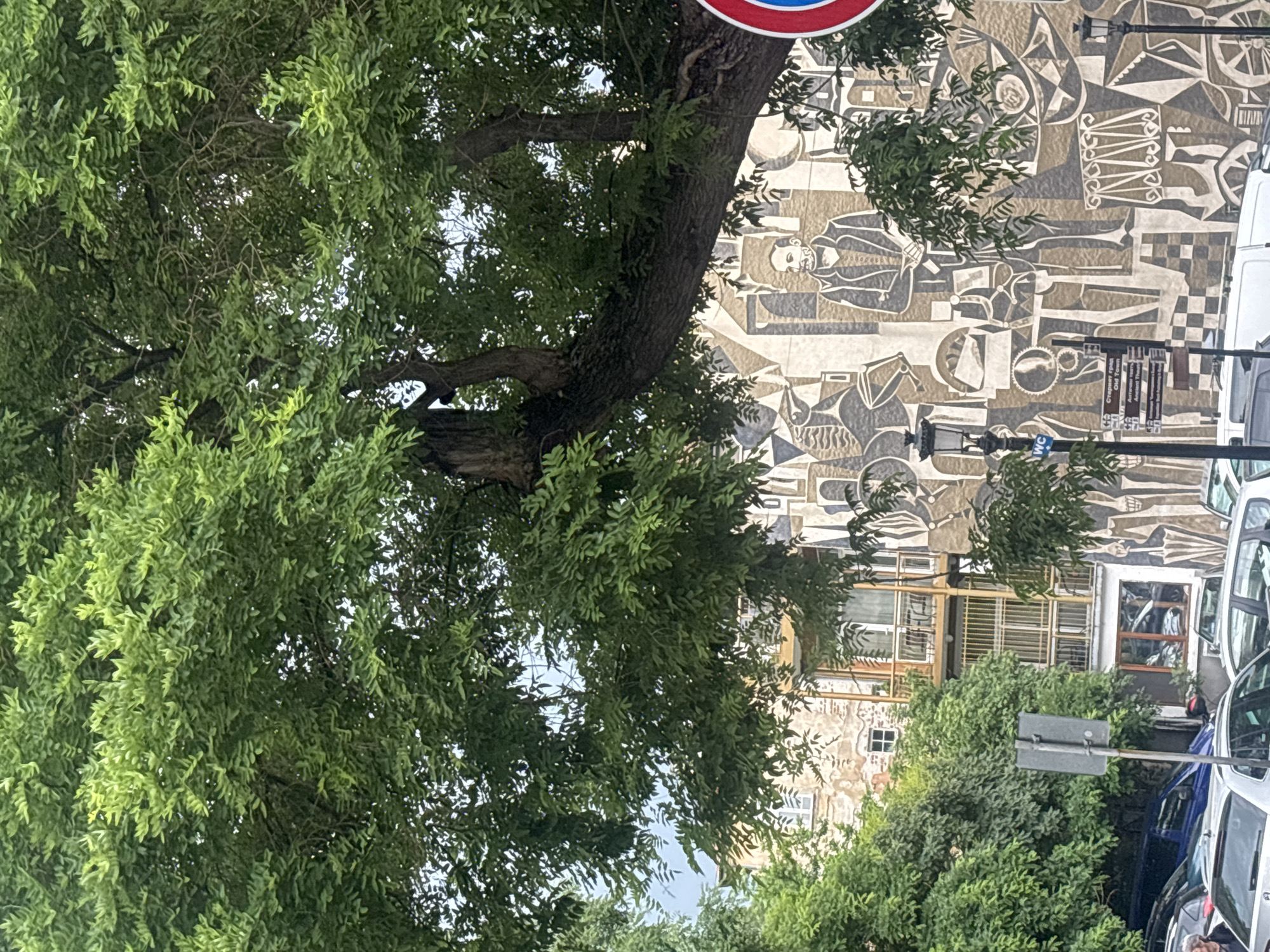 The original image displays an outdoor urban scene, rotated 90 degrees clockwise, featuring a large, leafy green tree in the foreground on the left. The tree has a thick, dark trunk and branches, with dense foliage of compound leaves that partially obscure the background.
Behind the tree, a multi-story building facade on the right is adorned with an expansive mural in shades of brown, grey, and white. The mural's style is abstract or cubist, depicting several human figures in what appears to be historical or formal attire, including a prominent bearded man in a suit or formal coat. Interspersed with the figures are geometric patterns, wheels, and gears, suggesting themes of history, industry, or culture.
At the bottom right of the image, which represents street level when correctly oriented, several parked vehicles are visible, including a white van, a dark blue car, and a grey car. A black ornate lamppost stands near the bottom center, and another simpler lamppost is further up. A small, partially visible red and blue circular sign is peeking from behind the tree at the top.
A crucial detail is a set of signs attached to a pole near the parked cars. One sign clearly indicates "WC" (toilet) with male and female icons. Below it, stacked vertically, are several signs in Cyrillic script: "Старинен Пловдив" (Old Plovdiv), "Античен театър" (Ancient Theater), "Църква" (Church), and "Етнографски музей" (Ethnographic Museum). The text "Старинен Пловдив" explicitly identifies the location as Plovdiv, Bulgaria.
The scene is illuminated by daylight, suggesting mid-day to afternoon, and the weather appears clear. There is no specific activity or event taking place; it is a static view of a streetscape with architectural and natural elements.