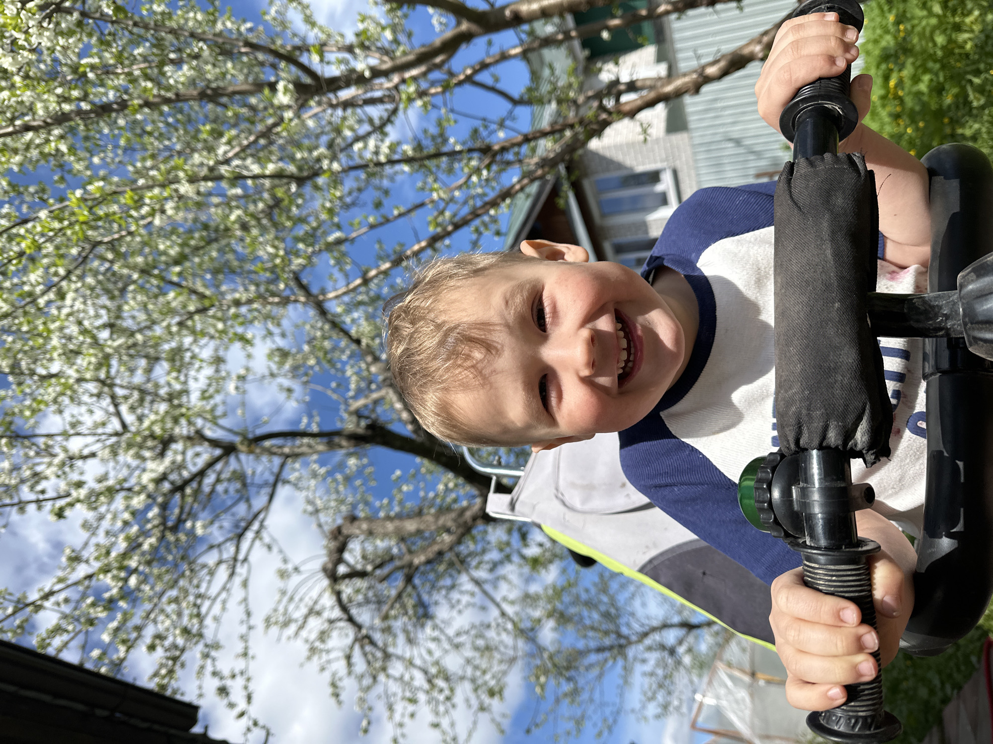 A young child with blond hair smiles at the camera, holding the handlebars of a tricycle. The tricycle's frame is black with a padded section around the handlebars. The child wears a long-sleeved shirt with blue sleeves and a white torso. Behind the child, flowering tree branches are visible against a blue sky. In the background, there is a building with siding and windows. The image is taken from a low angle, looking upwards. The exact location in Nizhny Novgorod, Russia is indiscernible.
