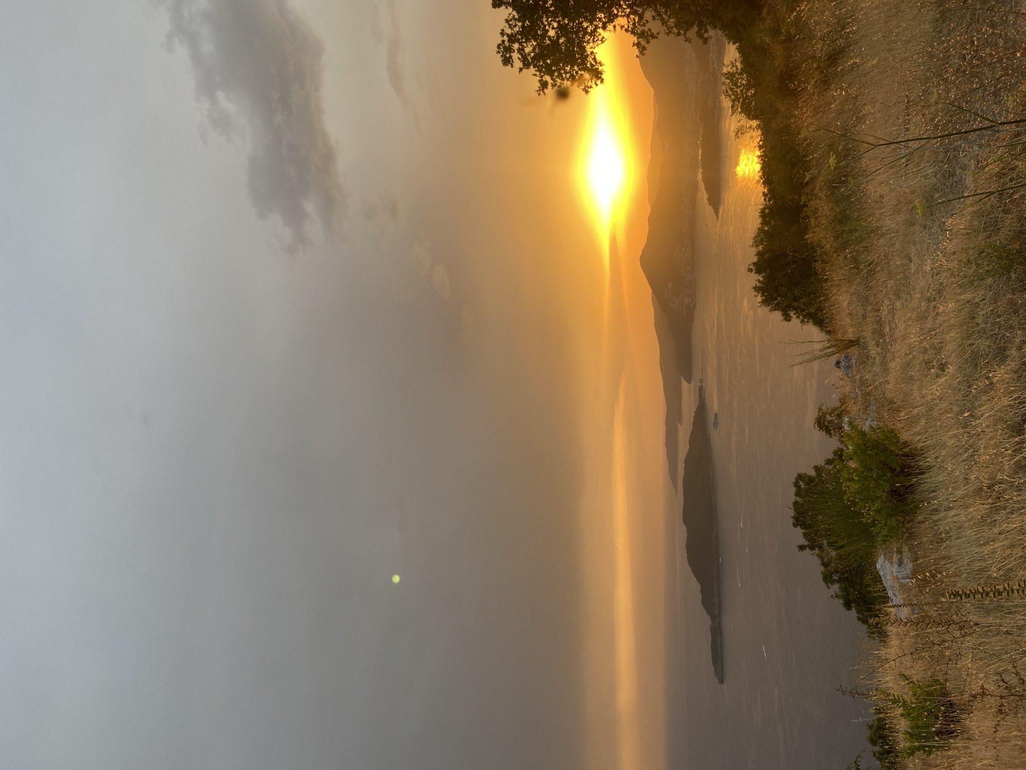 The image shows a scenic sunset over a body of water and a coastal landscape. The sun is low on the horizon, casting a warm, orange glow across the sky and reflecting on the water. Hills and mountains form the backdrop, with a few buildings visible along the coastline. In the foreground, dry grass and some green bushes cover a hillside, suggesting a natural or semi-natural environment. The sky is a mix of gray clouds and golden light. There are no people visible in the image.