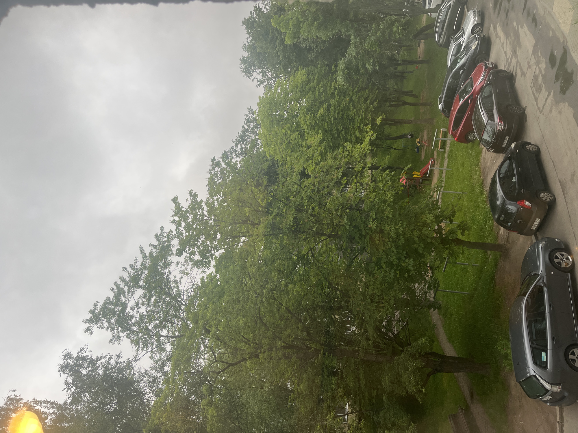 This is an eye-level, medium shot of a residential area in Minsk, Belarus. The image depicts a row of parked cars on a paved surface, with a children's playground and trees in the background. The sky is overcast and the lighting is diffused. The scene appears to be a typical urban setting, possibly in a residential complex or a public park.