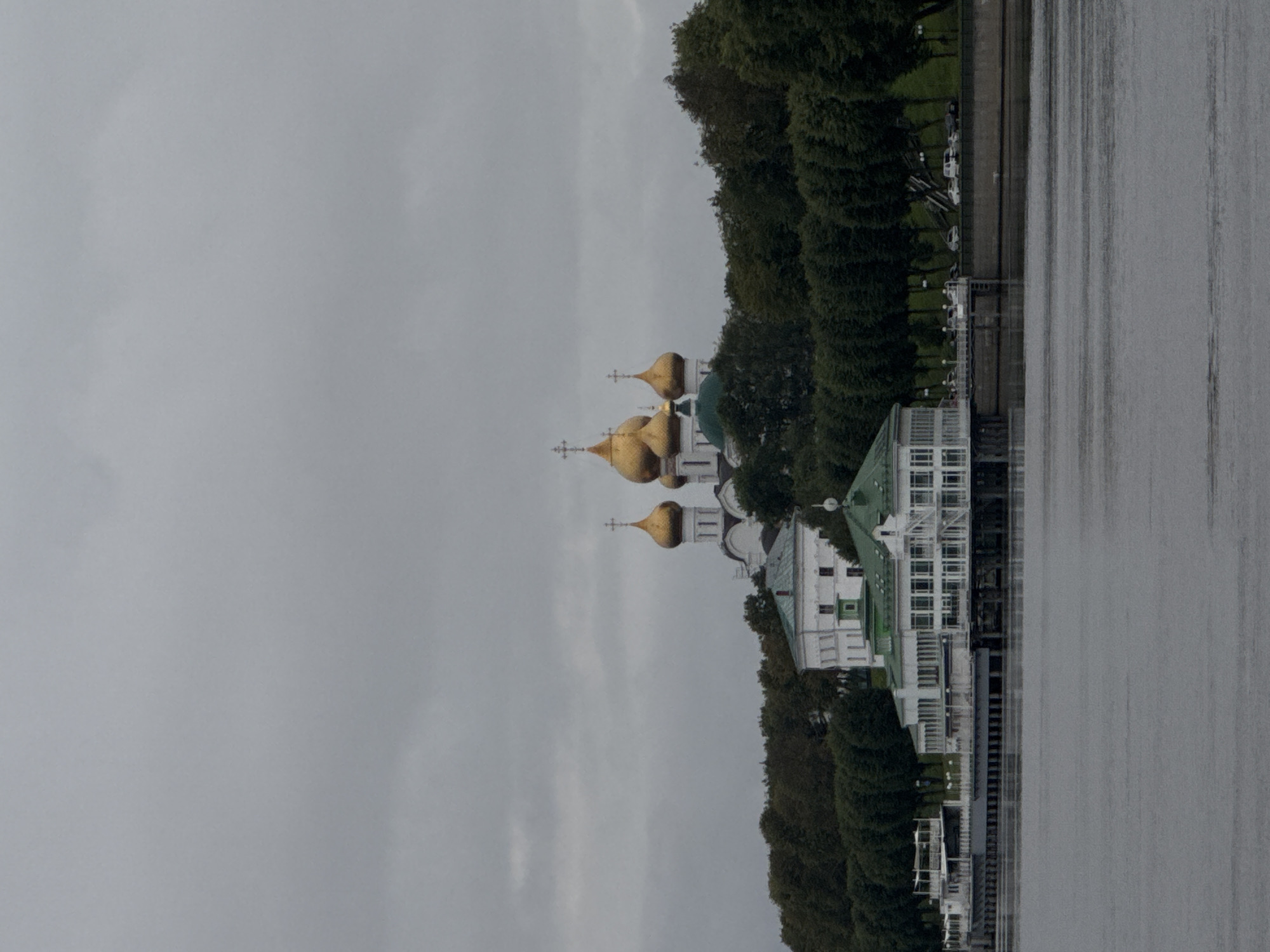 The image depicts a waterfront scene under an overcast sky. In the background, a prominent building complex features several golden-domed Orthodox churches. To the left of the churches, a large white building with multiple windows is visible. In the foreground, along the waterfront, is a long, white building with a green roof and numerous windows. A white structure, possibly a pier or a boat, is situated to the left of this building. Beyond the waterfront, a line of dense green trees forms a backdrop. The water in the foreground is calm, reflecting the muted tones of the sky. A concrete embankment runs along the edge of the water. Several cars are parked along the embankment behind the waterfront building. The overall atmosphere is somber and subdued due to the cloudy weather. The location is the city of Rybinsk, Yaroslavl Oblast, Russia, specifically on the Volga River, with the Transfiguration Cathedral and the former Rybinsk port complex being the recognizable landmarks.