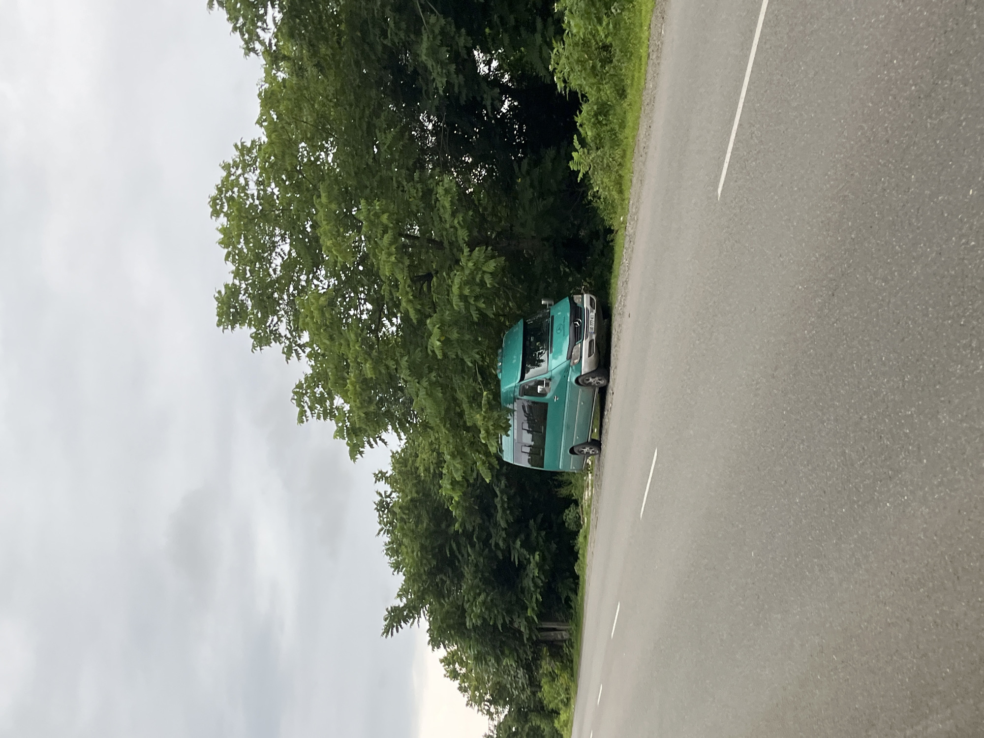A teal-colored minibus is parked on the shoulder of a paved road. The minibus is facing to the right. The road has a white dashed line painted in the center. Dense green trees line the right side of the road, behind the minibus. The sky is overcast and gray. The location is identified as ღრმაღელის თემი, Georgia.