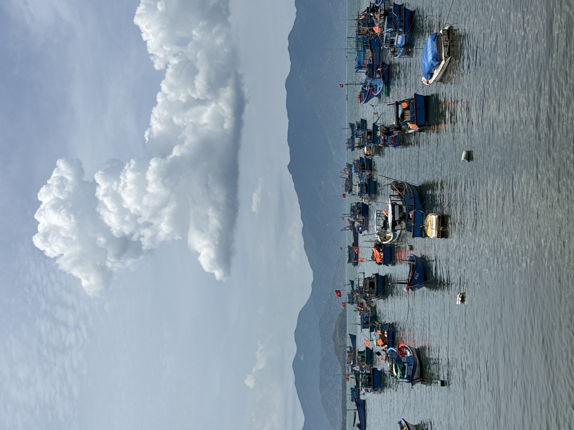 This image depicts a wide view of a bay filled with numerous fishing boats docked near the coast of Vĩnh Lương, Vietnam. The sky is partly cloudy with large, fluffy white clouds dominating the upper portion of the frame. In the background, a range of blue-hued mountains forms the coastline, receding into the distance.
The foreground and midground are occupied by a dense congregation of small to medium-sized fishing vessels. Most of these boats are painted in various shades of blue, with some featuring red and orange accents. Many of the boats display Vietnamese flags, indicated by their red color and yellow star. Several boats have orange life vests visible on them. The water is a calm, dark gray, with gentle ripples.
In the middle distance, some of the boats appear to be actively engaged in activity, possibly loading or unloading, while others seem to be at anchor. A few white buoys or markers are visible floating on the water, and a cylindrical object is also seen near the center of the frame. The overall scene conveys a busy fishing harbor under a dynamic sky.