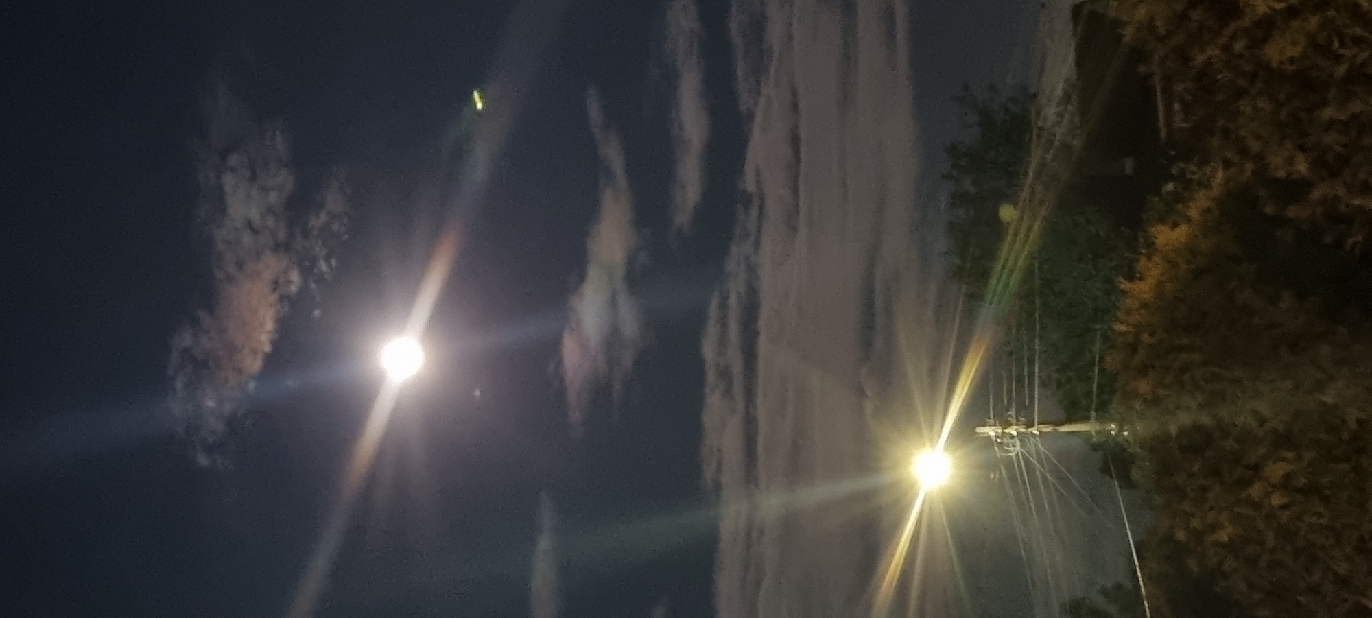 The image shows a night scene, likely in a residential area, with a view towards the sky. Two bright light sources dominate the visual field, obscuring the objects behind them. One light source appears to be the moon, surrounded by clouds. The other one is a streetlight. Power lines can be seen branching outwards from the streetlight and disappear into the darkness. On the right side, there are a dense set of trees. Given that the prompt contains the city of Lom, Bulgaria, the location of this image could be there, but there is no confirmatory evidence in the image itself.