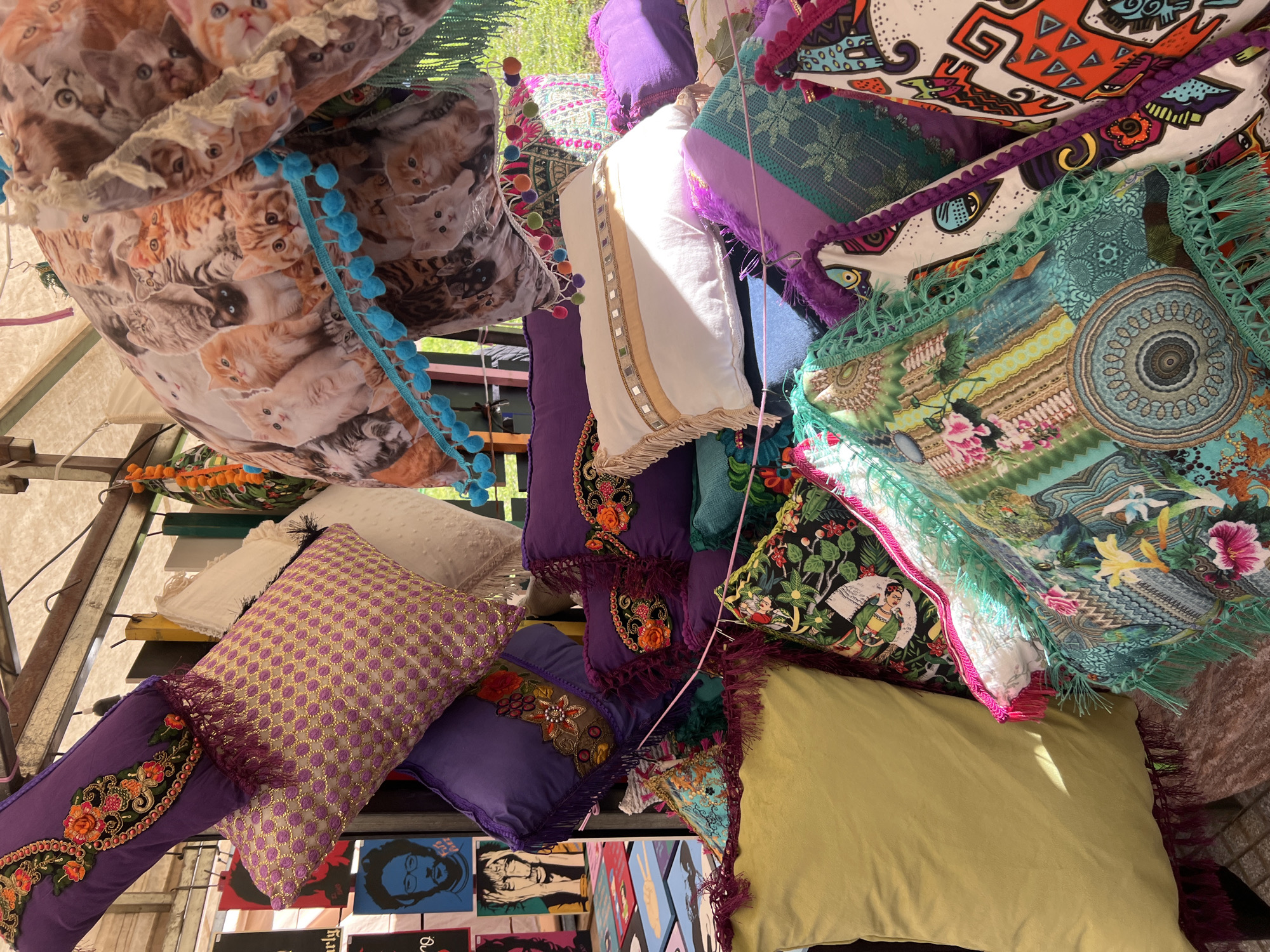 The image shows an outdoor stall displaying a variety of colorful pillows hanging from a metal structure. The pillows have different patterns, colors (purple, white, green, yellow) and trims, including tassels and pom-poms. Some pillows have designs like cats, floral embroidery, and geometric patterns. Underneath the pillows, there's a row of small, framed artworks with portraits. The scene appears to be a market or craft fair. The location is Buenos Aires, Argentina.