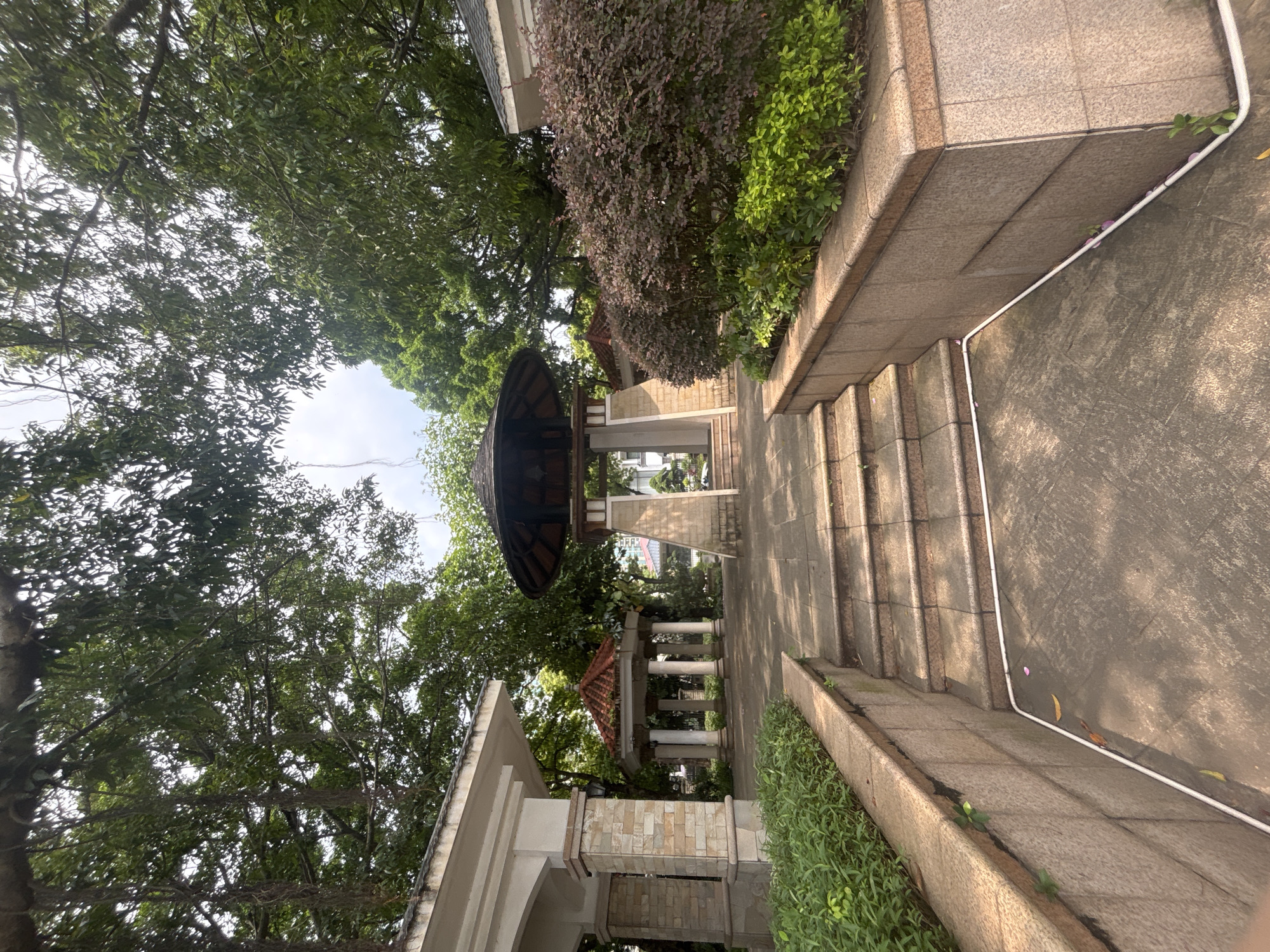 The image shows a view of a park area in Nanhai District, China. In the foreground, there are stone steps leading up to a pathway. The pathway is lined with planters containing green foliage and a dense, dark red bush. Beyond the pathway, in the mid-ground, is a hexagonal pavilion with a dark, tiered roof supported by columns. Further in the background, another smaller pavilion with a red tile roof can be seen. Tall trees with lush green leaves and exposed aerial roots arch over the scene, creating a canopy. A light-colored building with a white roof and stone pillars is visible to the left. The sky is overcast. There are no people visible in the image.