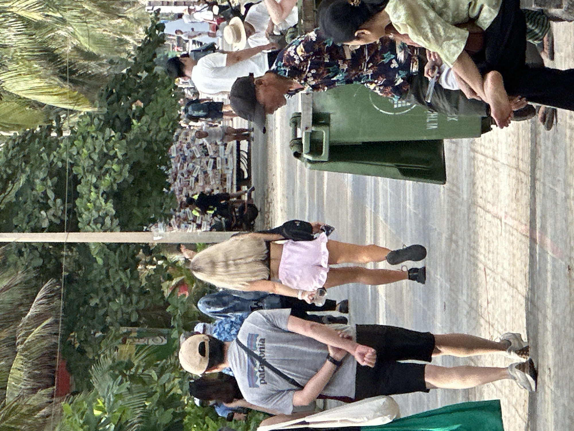 The image shows a street scene in Đà Nẵng, Vietnam, likely a pedestrian area with palm trees lining the sides. In the foreground, a man wearing a grey t-shirt with a "patagonia" logo and black shorts walks away from the camera, his hands clasped behind his back. To his right, a woman with long blonde hair wears a black top and light pink ruffled shorts, also walking away. She holds a clear plastic bottle. Further back, various other people are visible, some walking or standing. A truck loaded with what appears to be boxes of goods is parked on the right side of the street. A large green dumpster is prominently placed on the right side of the image. The ground is paved with interlocking bricks. The overall atmosphere suggests a sunny, casual outdoor environment.