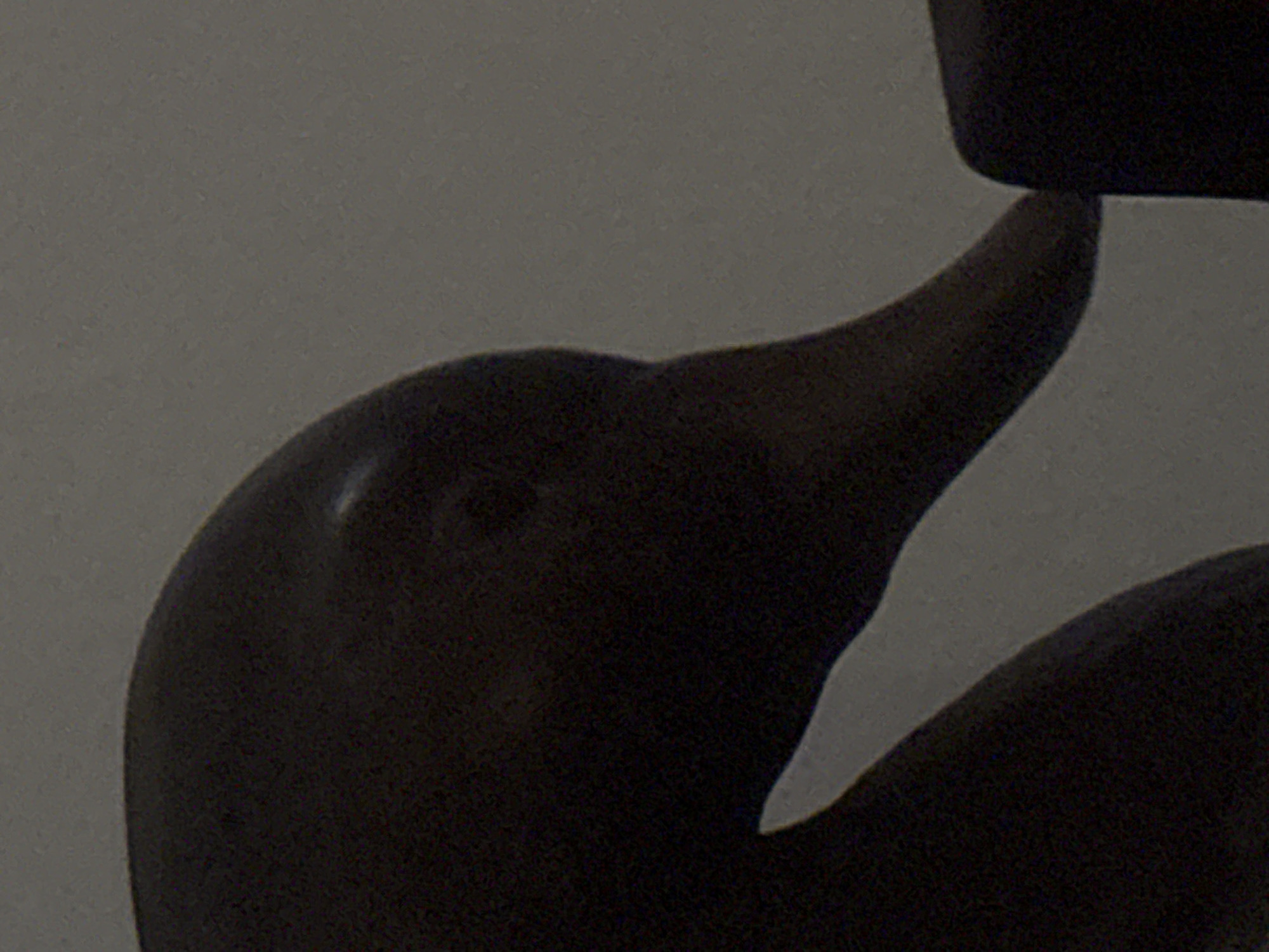 The image presents a close-up view of a dark, stylized object against a plain, light grey background. The primary subject is a smoothly contoured form, dark in color, that prominently features a rounded body or head on the left, transitioning into an elongated, upward-curving neck and a pointed, beak-like projection on the right. This shape strongly resembles the head and neck of a bird, such as a duck or a swan, captured in profile. A subtle indentation is visible on the rounded part, suggesting an eye.
Positioned above the pointed 'beak' of the bird-like object, another dark, somewhat blocky object is partially visible, appearing to touch or hover very closely above it. The interaction between these two elements is unclear, but they form a single composition.
The scene is captured in low light conditions, which casts the main subjects in deep shadow, emphasizing their silhouettes and smooth surfaces. Subtle reflections on the dark objects hint at a polished or glossy material. The background is uniformly light grey, providing a stark contrast to the dark foreground elements. The image exhibits some digital noise due to the low light. No specific activity is depicted, as the objects appear static, possibly a sculpture, a decorative element, or part of a larger fixture. There is no visible text. The location context of Puebla, Mexico, suggests this could be an artistic piece or a distinctive feature found within the region.