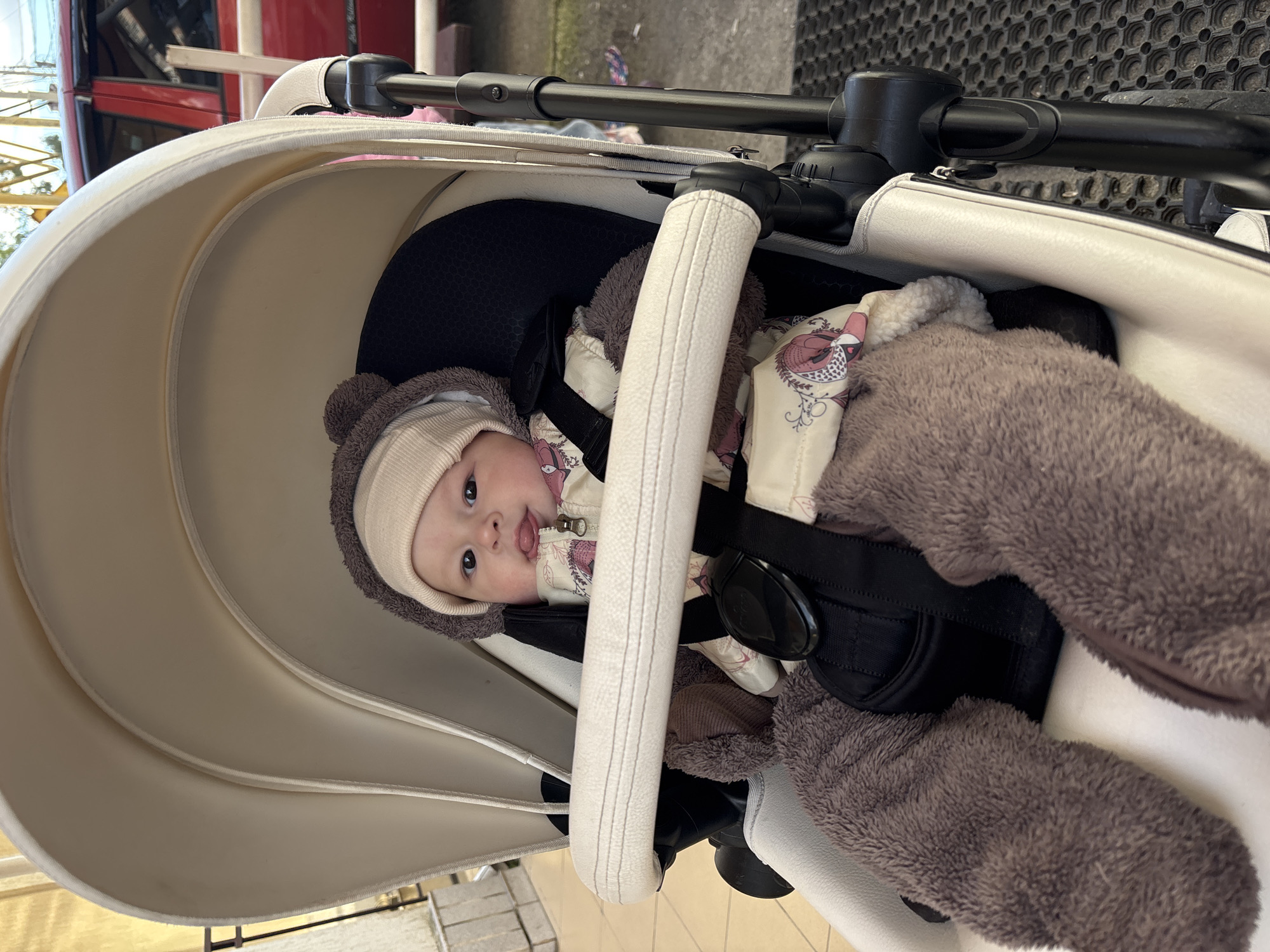 A baby wearing a light-colored hat and a brown furry jacket with a floral pattern is buckled into a stroller. The stroller has a light-colored hood and a black handlebar. A red vehicle is partially visible in the background. The stroller is on a paved surface. The location is in Sochi, Russia.