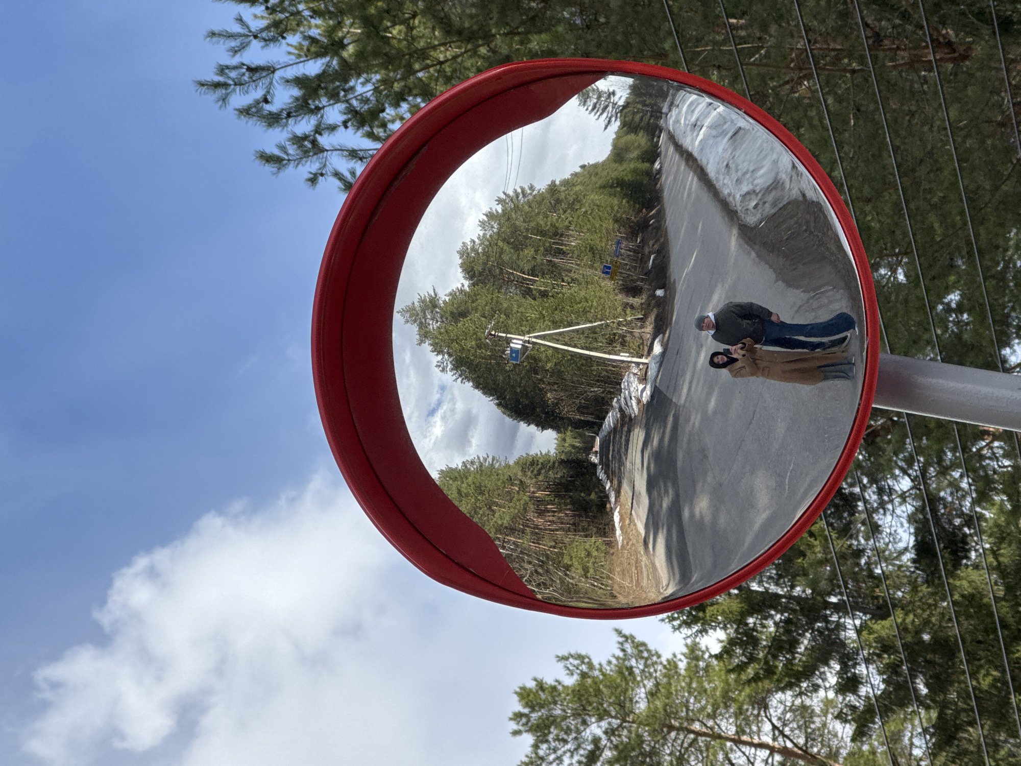 The image, rotated counter-clockwise, prominently features a large, round convex mirror with a bright red rim, reflecting a scenic view and two individuals. Outside the mirror's circumference, the scene reveals a clear blue sky with scattered white clouds and the dark green branches of evergreen trees, likely pines or firs. A metallic pole supporting the mirror is partially visible on the right side.
Within the mirror's wide-angle reflection, a winding paved road is visible, flanked on both sides by a dense coniferous forest that recedes into the background under a cloudy sky. Patches of snow line the edges of the road, suggesting a cool climate, indicative of late winter or early spring in Polazna, Russia.
Two people are reflected standing on the side of the road. One individual, appearing to be a man, wears a dark jacket, blue jeans, and a cap. Beside him stands another person, likely a woman, dressed in a long, light brown or tan coat and a dark head covering, appearing to look down, possibly at a mobile phone. A utility pole with wires is also visible in the reflection, featuring a small blue sign with indistinct white text. The scene is brightly lit, indicating it is daytime.