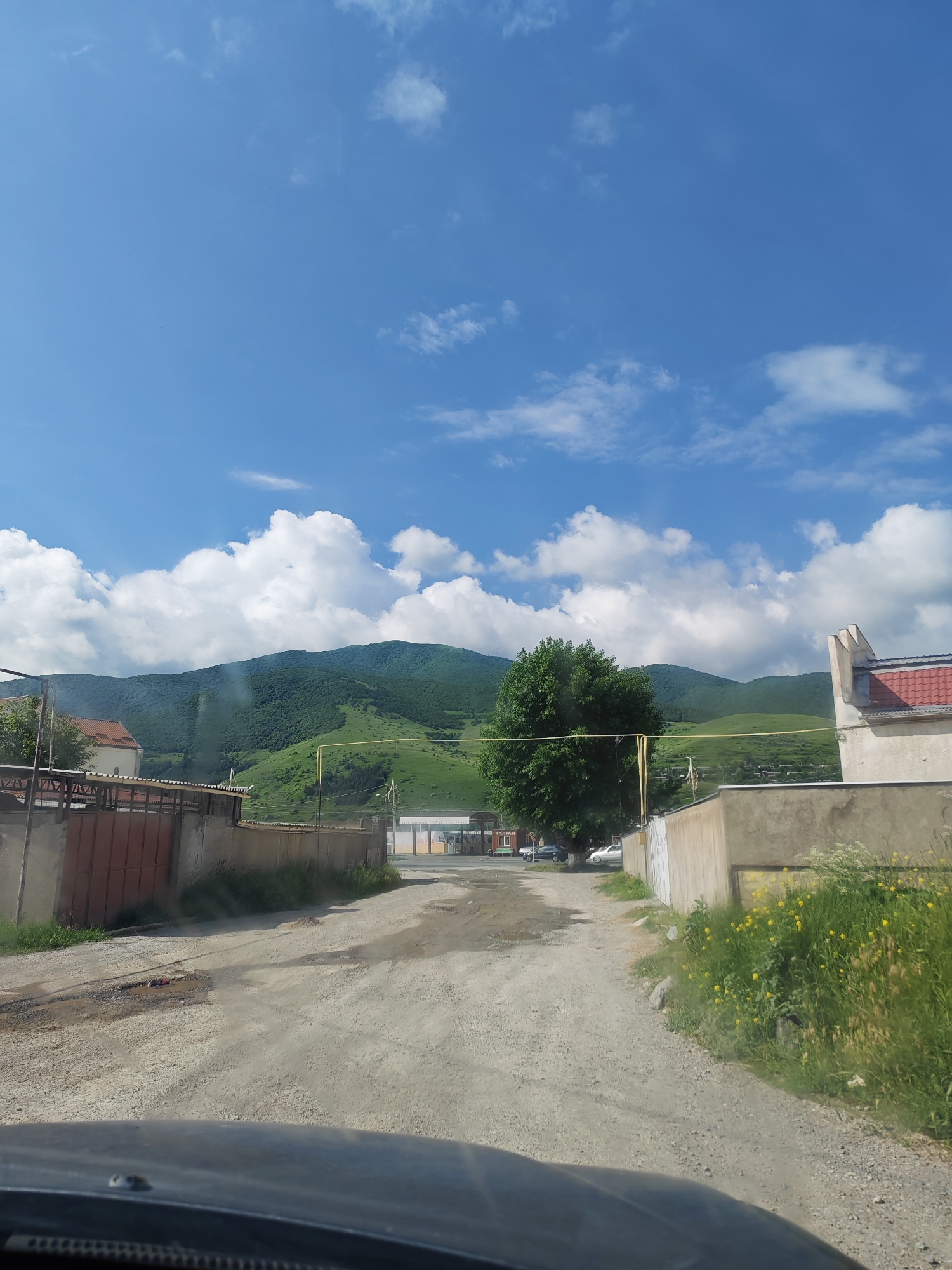 The image shows a dirt road leading towards green, tree-covered hills under a bright blue sky with fluffy white clouds. On the left side of the road, there is a tall brown metal fence and a building with a reddish-brown roof. Further down the road, there is a green tree, and on the right side, a light-colored building with a red-tiled roof and a concrete wall adorned with yellow flowers and green grass. The road appears to be in a rural or semi-rural setting within Vanadzor, Armenia, possibly a less developed area given the unpaved road and the presence of utility poles.