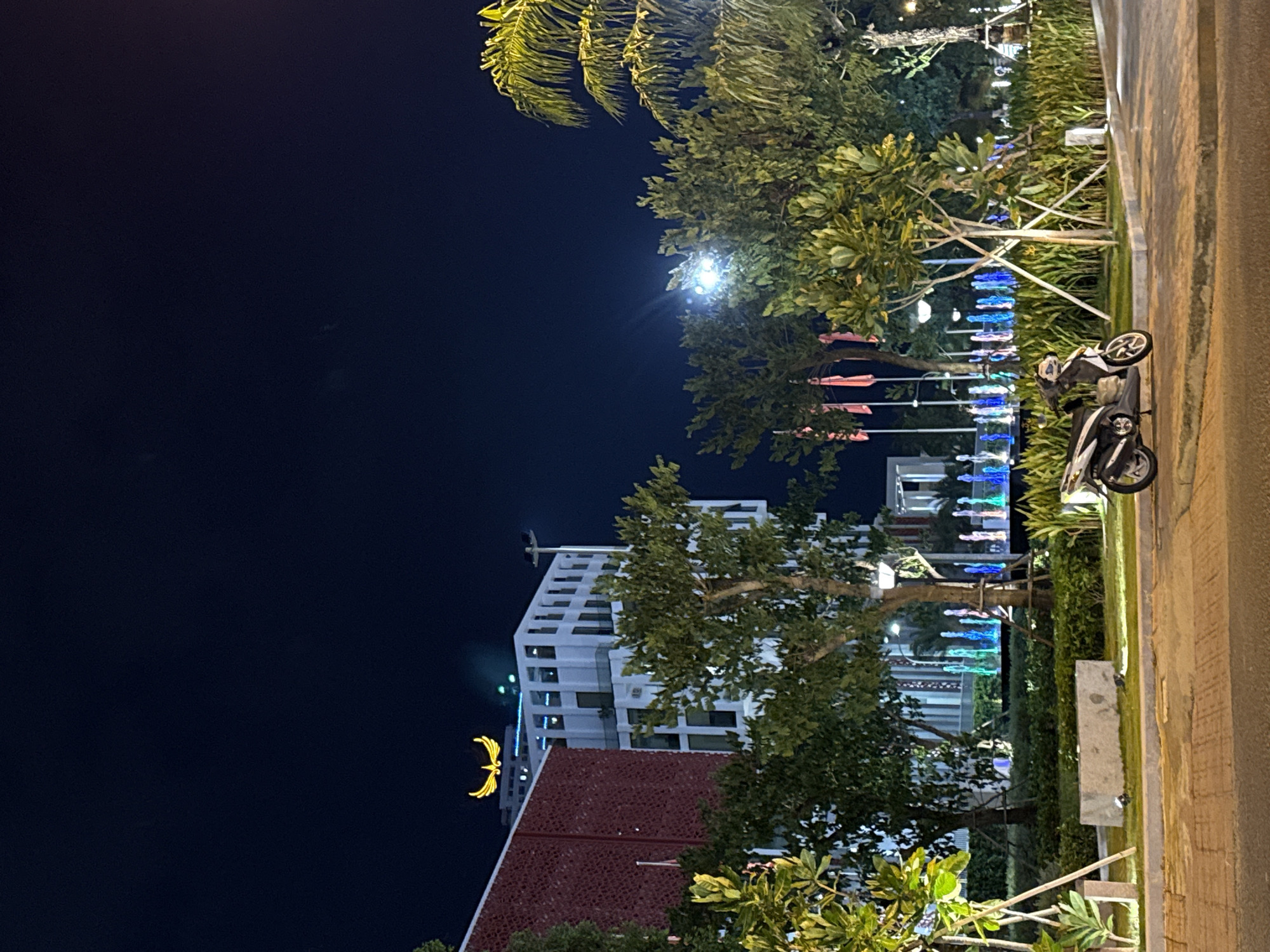 The image depicts a nighttime scene in a well-lit urban area, likely a park or promenade, in Nha Trang Ward, Vietnam. The orientation is rotated 90 degrees counter-clockwise. In the foreground, a paved walkway runs along the right side of the frame, bordered by a grassy area with some low-lying bushes. A concrete bench is visible on the grass. Further back, a line of trees with lush green foliage is illuminated, with some of them featuring strings of blue and white lights. Beyond the trees, a modern white building with multiple windows is visible, suggesting a commercial or residential complex. To the left of the building, a prominent yellow, wing-like illuminated sculpture is present. In the lower right of the frame, two motorcycles are parked. The sky is dark, indicating nighttime. The lighting suggests a pleasant, possibly humid evening, typical of a tropical coastal city. There is no discernible activity of people, but the presence of parked motorcycles and the well-maintained urban landscaping imply a public space. The overall mood is serene and visually appealing, enhanced by the decorative lighting. No text is visible in the image.
