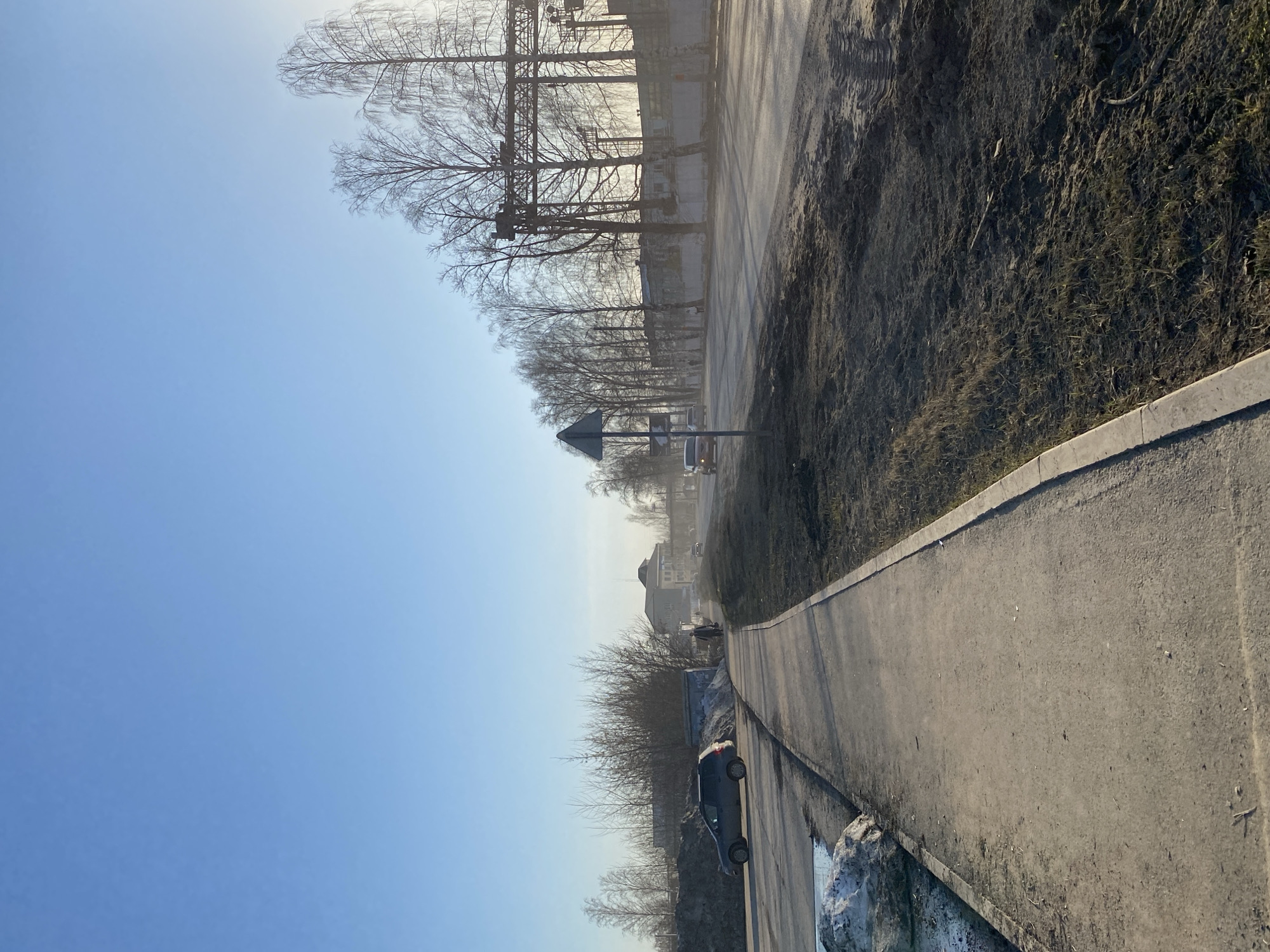 The image shows an outdoor urban scene in Chaikovsky, Russia, in daylight. A concrete sidewalk stretches into the distance alongside a road. Adjacent to the sidewalk is an area of unkempt, barren grass and dirt. Across the road, bare trees line the street. Utility poles and buildings are visible behind the trees. A road sign is partially visible. Cars are parked on the side of the road. The sky is clear blue. Overall, the scene appears to be from a cold, early-spring or late-fall day.