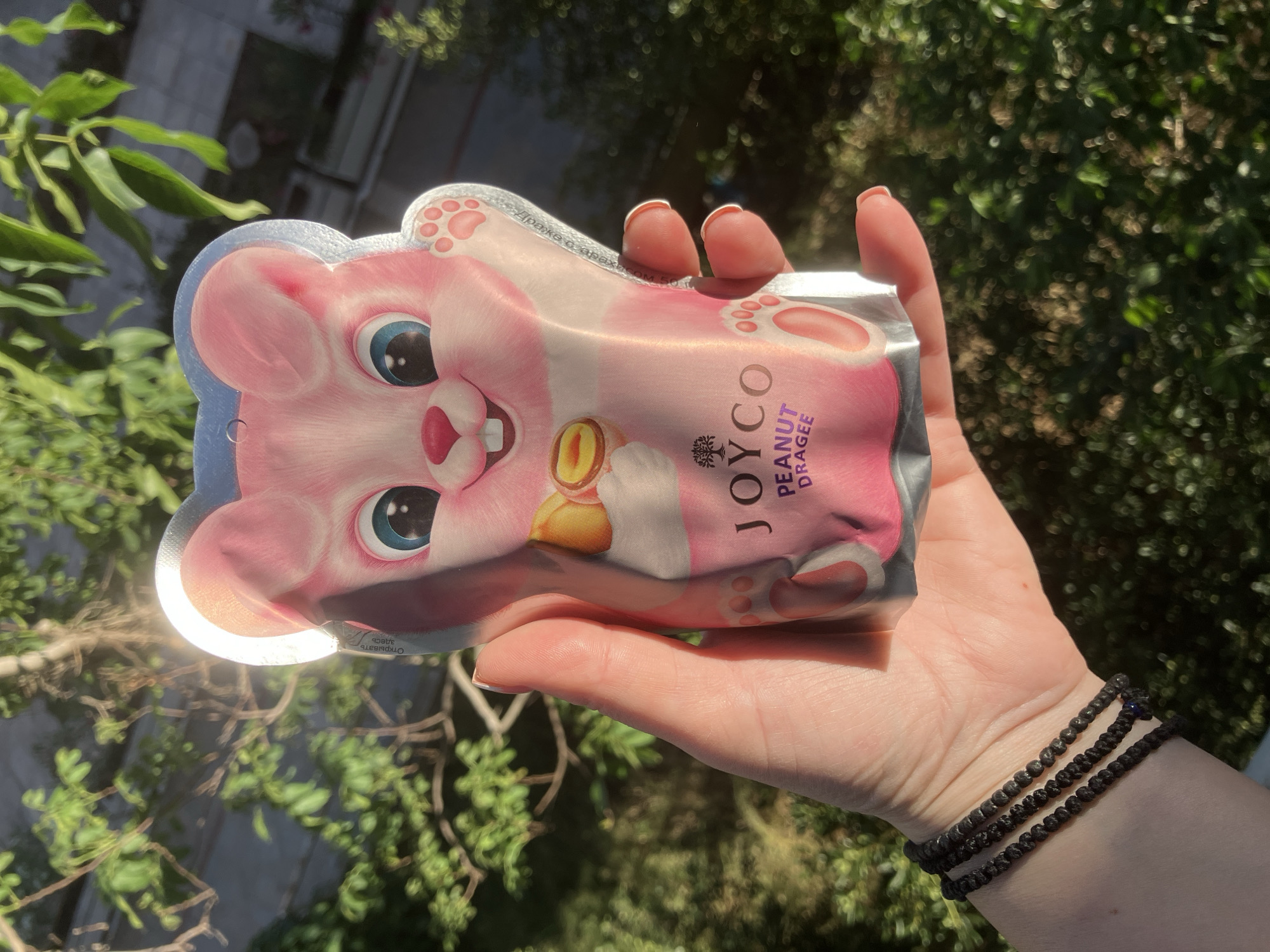 A close-up, medium shot shows a person's hand holding a pink, foil-wrapped package of "JOYCO PEANUT DRAGEE" candies. The package is shaped like a cartoonish pink rabbit with large blue eyes and pink paws. The rabbit's face is the most prominent feature of the package. The hand holding the package is delicate and features well-maintained fingernails. The person is wearing three dark, beaded bracelets on their wrist.
The scene is outdoors, indicated by the dappled sunlight and the presence of green foliage and blurred trees in the background. The lighting suggests it is daytime, possibly late morning or afternoon, as the sun casts a bright glow on the package. The overall mood is bright and cheerful, amplified by the playful design of the candy packaging. There is no explicit information about the location or the specific event taking place, other than the individual holding the candy.
Visible text includes "JOYCO," "PEANUT DRAGEE," and some smaller text in Russian that appears to be product information. The word "ОТКРЫВАТЬ" (meaning "to open") is visible in the lower part of the image. The packaging also has small paw prints printed on it.