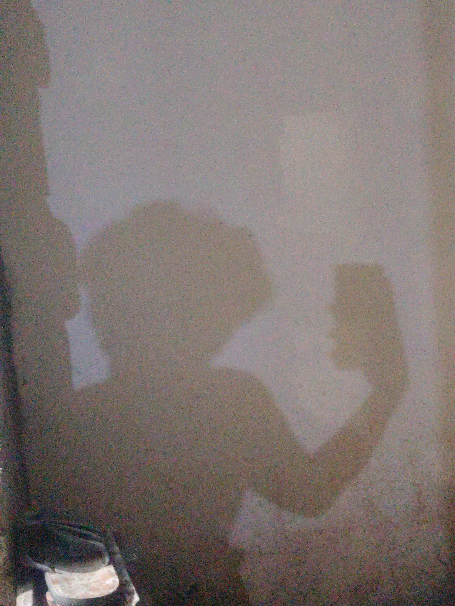 The image shows the silhouette of a person taking a selfie with a smartphone against a wall. The person appears to have dark, curly hair. The lower left portion of the image shows a shadowed area that may be a piece of furniture or clothing. The background is a plain, textured wall with some subtle color variations. The lighting suggests the photo was taken indoors or in a shaded outdoor area. The location is specified as Kinniya, Sri Lanka, though no specific landmarks or environmental features are visible in the image to confirm this.