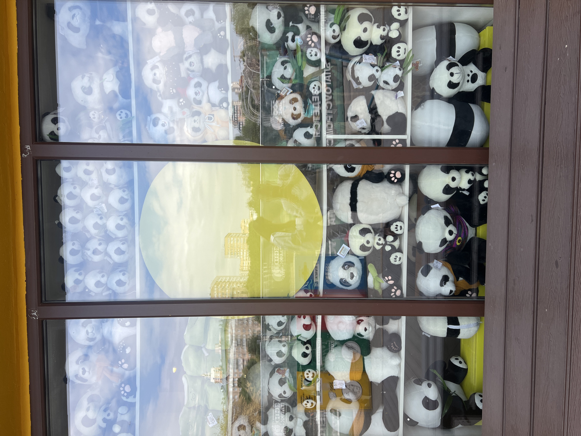 The image shows a storefront window filled with numerous plush panda toys. The window is divided into three vertical sections by dark brown frames. The top sections of the window display rows of panda faces, some of which are arranged in grids. The middle section features a large yellow circular shape and more panda toys, with some visible reflections of buildings and sky. The bottom section is densely packed with various sizes of panda plushies, some with accessories like scarves. The overall impression is of a toy store window display. Based on the yellow sign visible in the reflection in the middle pane, which appears to read "АВТОМОТИВ" (which translates to "AUTOMOTIVE" in Russian) and a partial Russian word below it, this storefront is likely located in Moscow, Russia. There are no people clearly visible in the scene. The environment outside the window shows a cityscape with buildings and trees, as well as the sky.