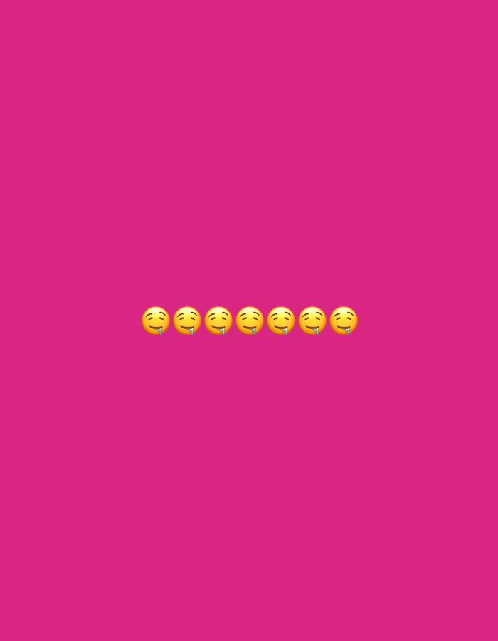 This is a digitally generated image featuring a row of eight yellow smiley face emojis with their tongues sticking out and drool dripping. The emojis are horizontally aligned in the center of a solid bright pink background. The image does not depict any recognizable urban or natural environment, and therefore cannot be associated with a specific location in Gorzów, Poland, or any other city.
