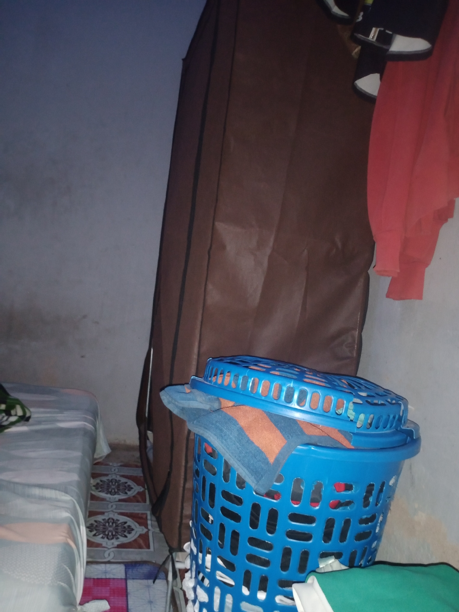 The image depicts a dimly lit bedroom in Jalingo, Nigeria. A large, brown garment bag stands upright on the left side of the frame. To its right, a coral-colored garment, possibly a hoodie, hangs from a hook. In the foreground, a bright blue laundry basket is filled with clothes, including striped fabric and what appears to be a blue towel. A portion of a bed with white and gray bedding is visible on the far left. The floor features a patterned rug. The overall impression is of a cluttered, lived-in space, possibly a student's room or a simple living quarter.