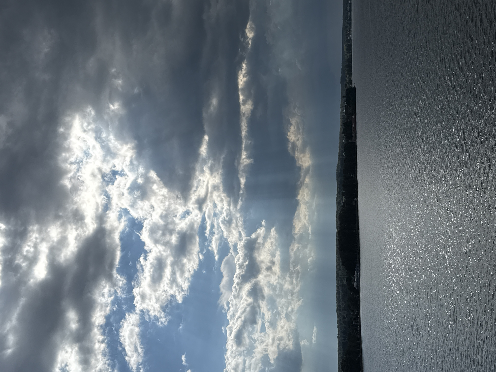 This image depicts a scenic view of the Votkinsk Reservoir in Votkinsk, Russia. The sky is dramatic with a mix of dark storm clouds and patches of bright blue sky, with sunbeams piercing through the clouds, creating a volumetric lighting effect. The water surface of the reservoir is rippled, reflecting the sunlight and appearing somewhat choppy. Along the distant shoreline, a dense line of dark green trees forms the horizon, interspersed with some buildings visible as small structures amidst the foliage. The overall scene conveys a sense of a moody, possibly post-storm, atmosphere over the body of water and its surrounding landscape.