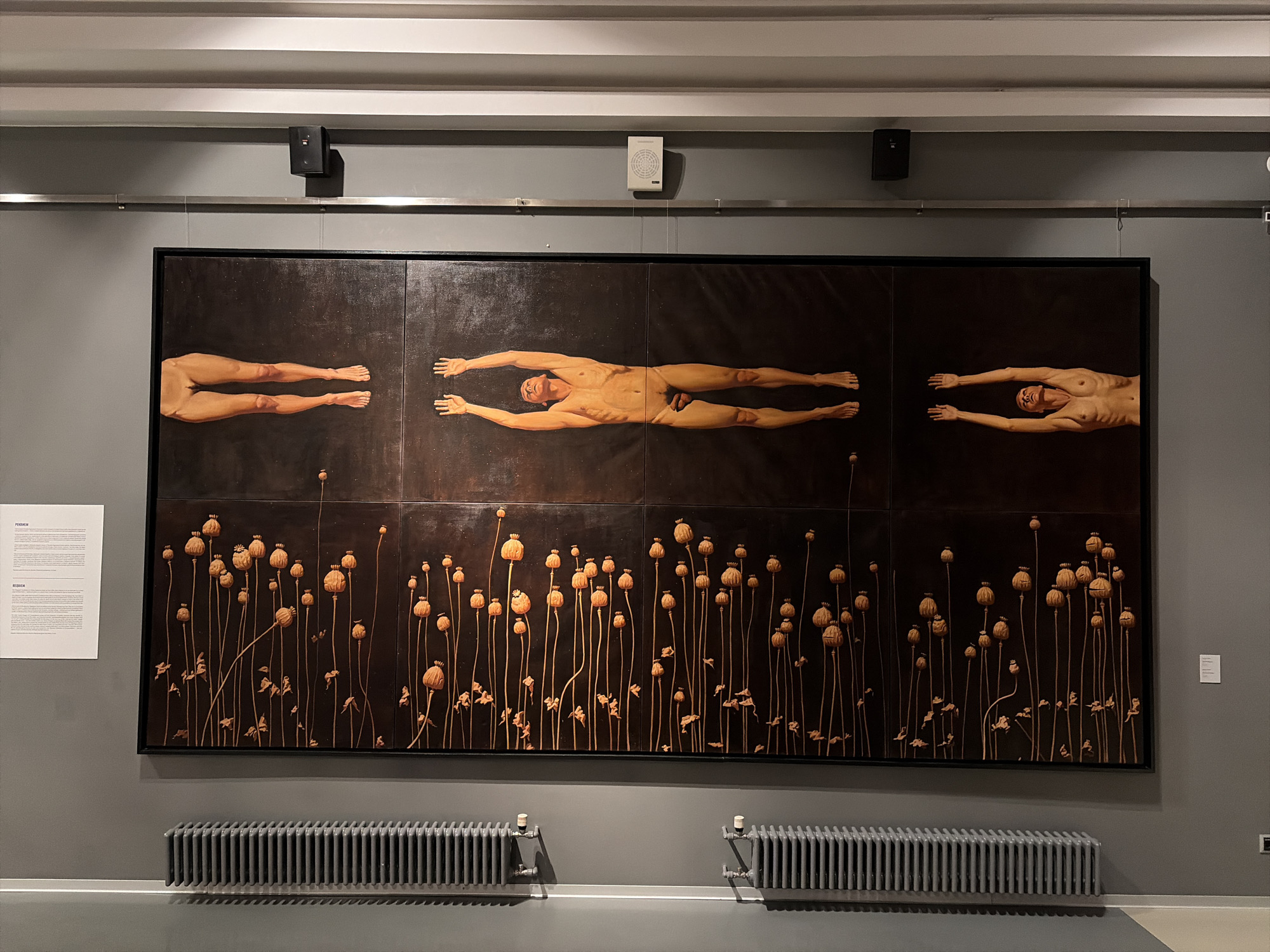 The image shows a large, multi-panel artwork displayed in a museum setting. The artwork is divided into two horizontal sections. The upper section depicts three nude male figures swimming or floating horizontally against a dark background. The leftmost panel shows only the legs and feet of a figure. The central panel shows a full male figure with arms outstretched forward and legs extended backward, head slightly tilted back. The rightmost panel shows a figure with arms outstretched forward and legs extended backward, head looking forward.
The lower section of the artwork features a field of dried poppy seed pods on thin stems, also against a dark background. The poppy pods vary in size and are arranged in a dense composition.
Above the artwork, two speakers are mounted on the wall. To the left of the artwork, a white informational plaque is mounted on the wall. In front of the artwork, two grey radiators are visible, one on the left and one on the right. The walls are painted a neutral grey, and the floor appears to be a light color, possibly concrete. The ceiling has exposed white beams and track lighting.
This artwork is located in the State Hermitage Museum in Saint Petersburg, Russia. The artwork is "Requiem" by Valery Lukka.