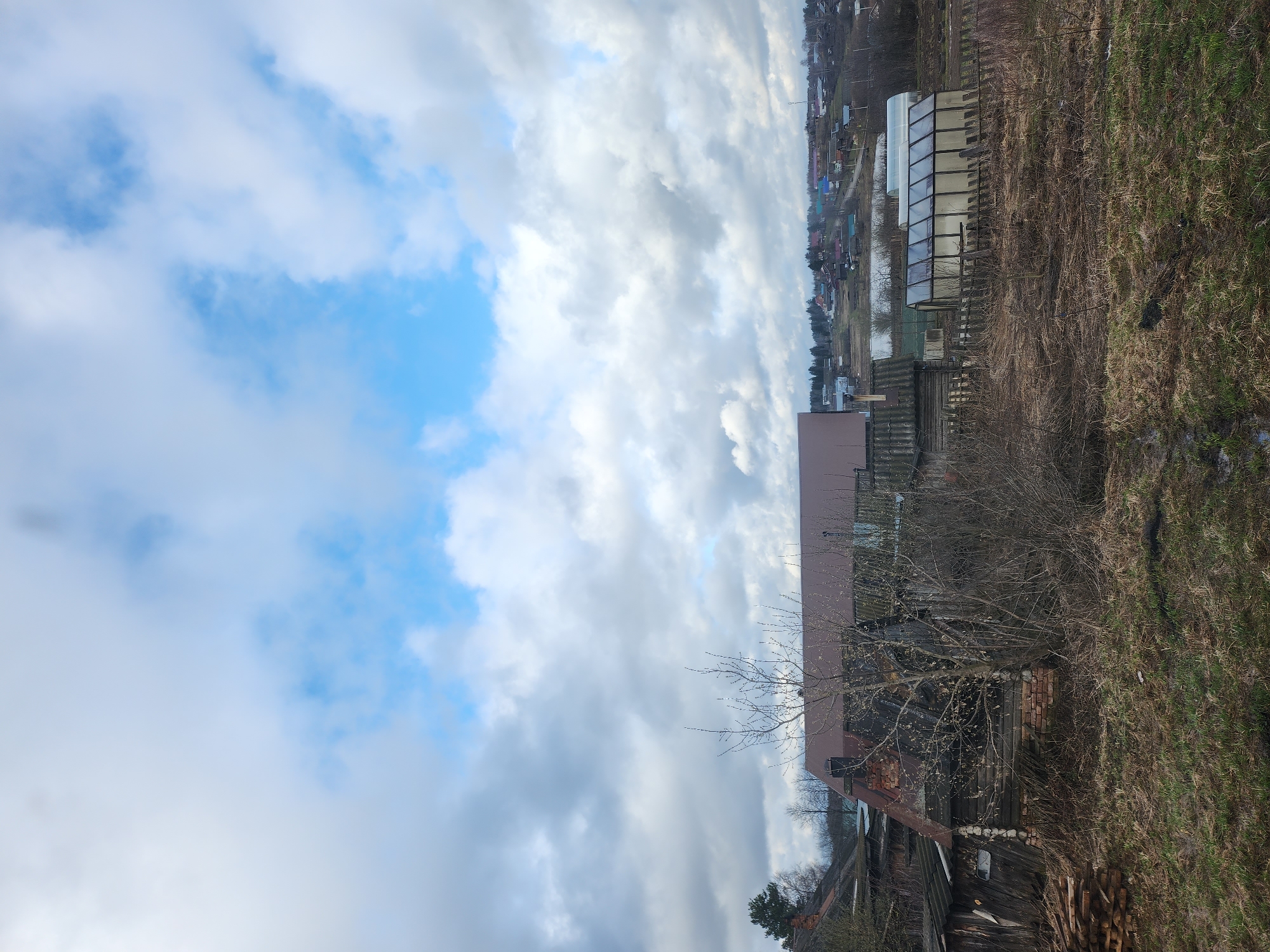 This image, taken in Krasnogorskoye, Russia, captures a rural or semi-rural landscape under a dynamic sky. The scene is oriented vertically, showing a broad expanse of sky on the left and various elements of the ground on the right.
The sky dominates the upper portion of the image, featuring large, fluffy white clouds that appear bright and illuminated, interspersed with patches of clear, vibrant blue sky. Some clouds in the distance have a darker, greyer hue, suggesting varied weather conditions or cloud layers.
The lower half of the image depicts the ground, which slopes gently upwards from left to right. In the foreground, there is an area of dry, brown grass and sparse vegetation, characteristic of late winter or early spring. Further back, several structures are visible. On the far right, a large, rectangular building with a reddish-brown roof stands out. Near it, there are bare trees and shrubs without leaves, their branches silhouetted against the clouds.
In the mid-ground, a prominent greenhouse or polytunnel structure with a translucent roof and metal framing is visible, suggesting agricultural activity. Behind it, a collection of residential buildings or houses with various colored roofs are scattered across the landscape, extending into the distance along what appears to be a village or town. Faint hills or a tree line can be discerned on the horizon. No people are visible, and there is no discernible activity taking place. The overall impression is that of a quiet, possibly overcast, daytime scene during a season when vegetation is not yet in full bloom. No visible text is present in the image.