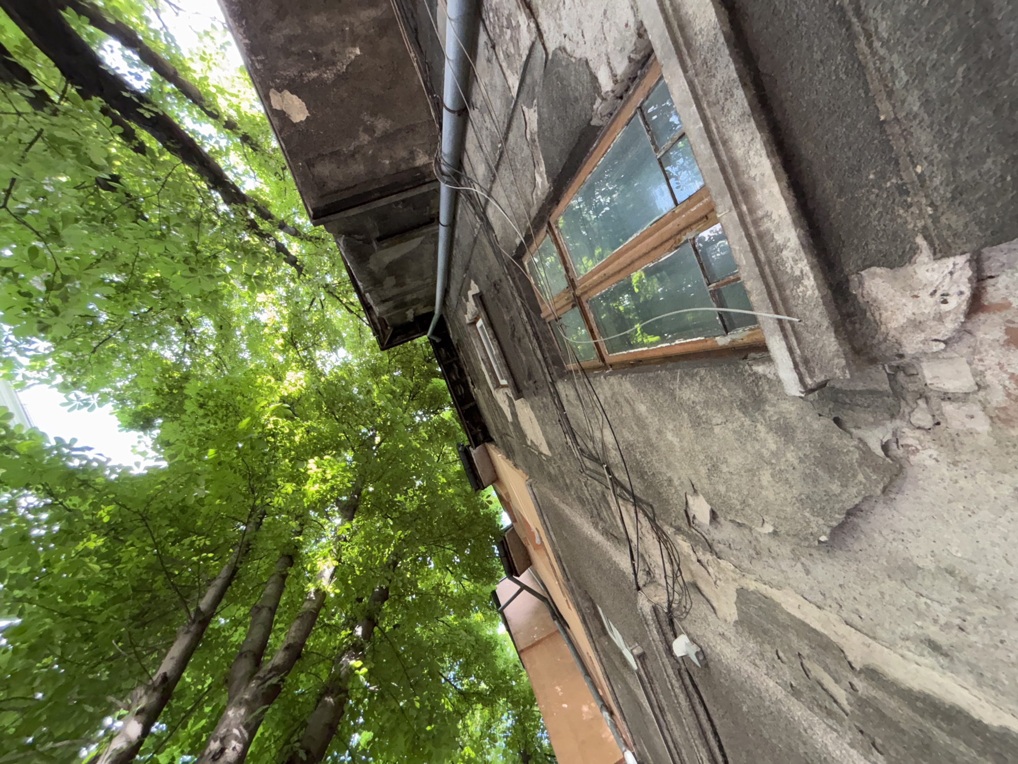 Exterior view of an old, weathered building in Sofia, Bulgaria. The building's facade is characterized by peeling plaster and exposed brickwork. A window with a wooden frame is visible, its panes reflecting the outside greenery. A metal rain gutter runs vertically down the building's side, accompanied by an assortment of electrical wires. Lush green trees are partially visible on the left side of the frame, juxtaposing the decaying state of the building. The perspective is tilted upwards.