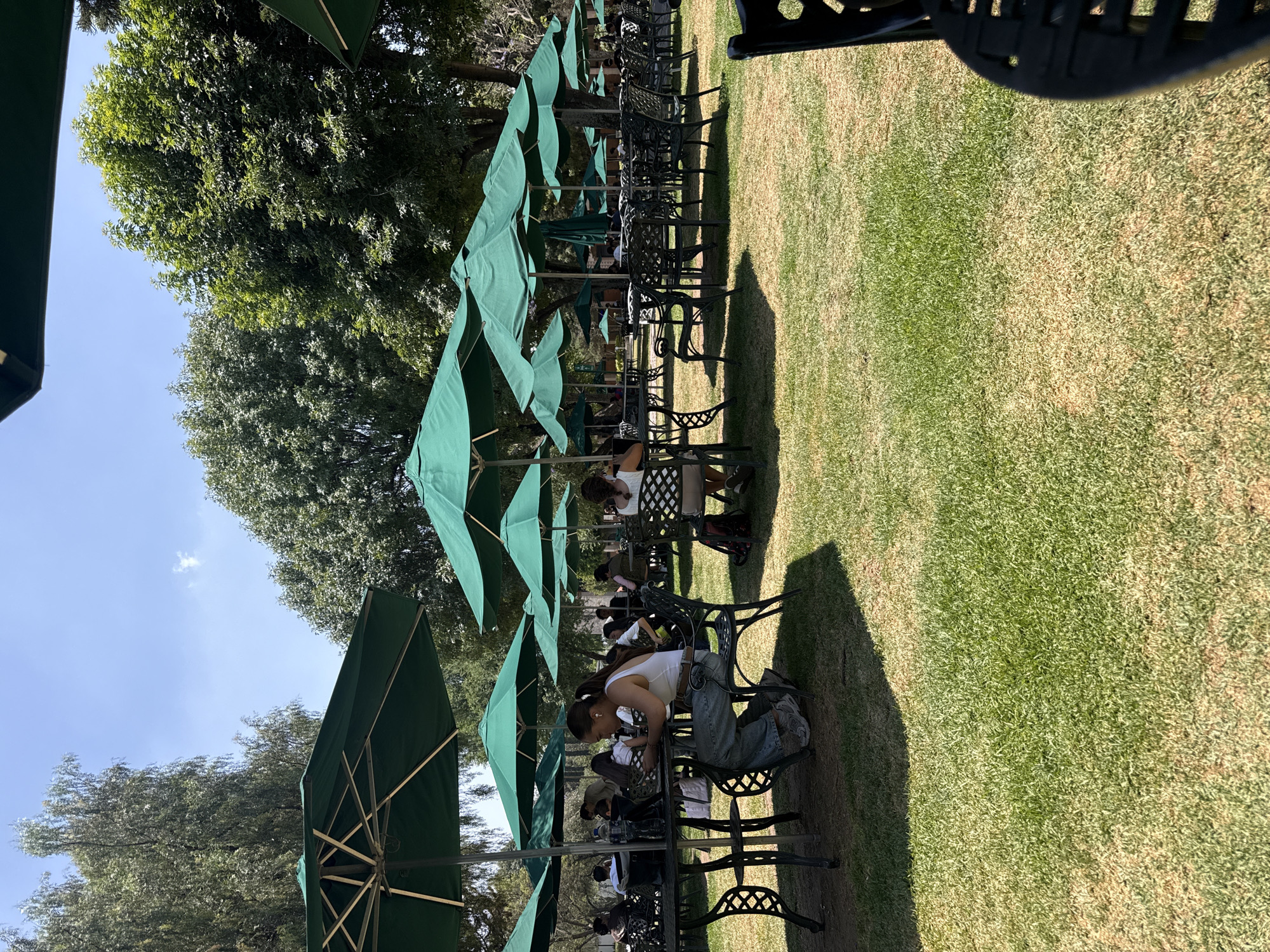 The image captures an outdoor scene in San Andrés Cholula, Mexico, featuring a row of dark-colored tables and chairs arranged on a grassy area, shaded by green umbrellas. Individuals are seated at several tables, engaged in various activities. The surroundings include trees and a clear blue sky, suggesting an open-air dining or recreational area on a sunny day.