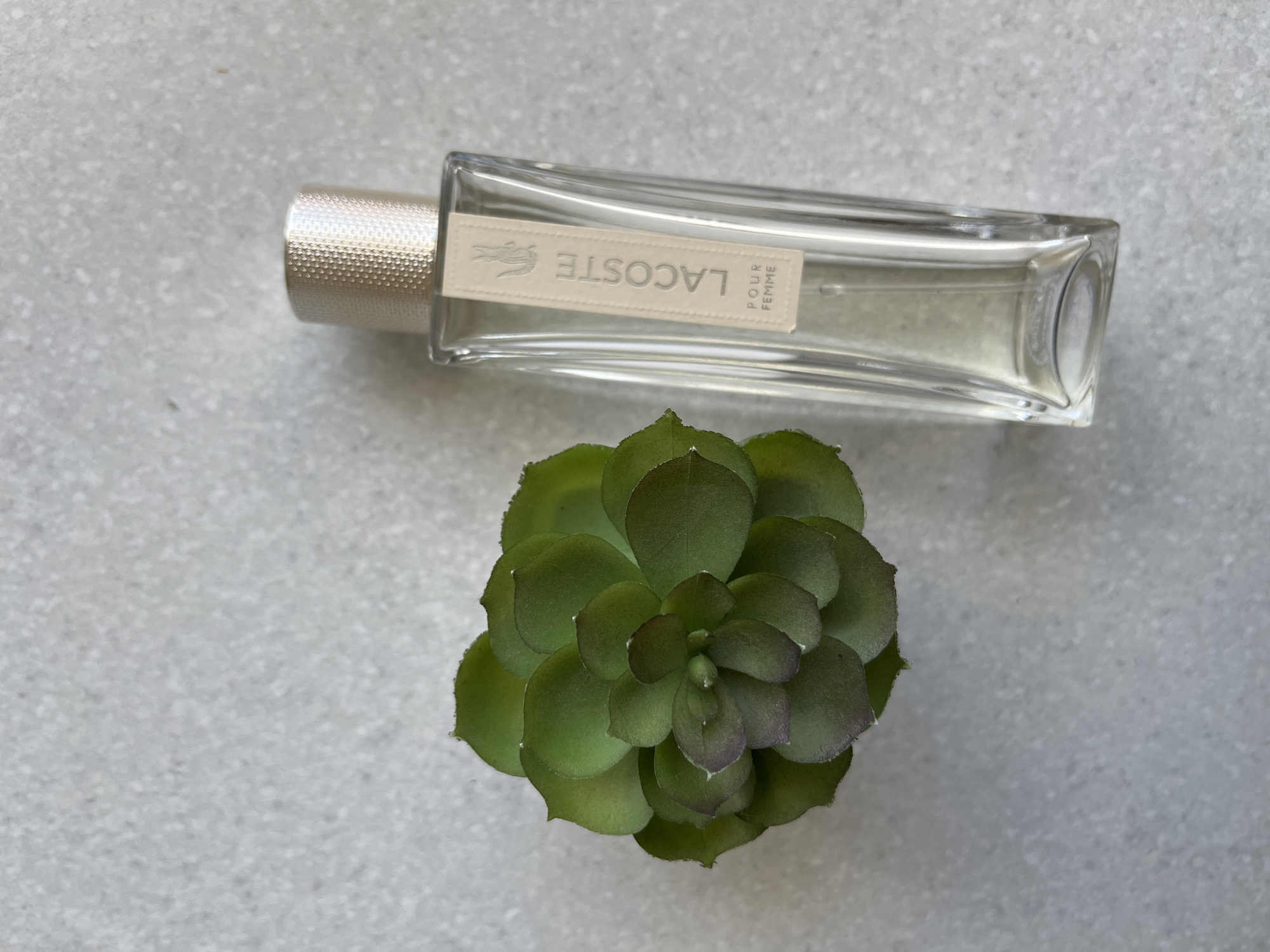A still life image features a small, artificial green succulent plant next to a clear glass bottle of Lacoste Pour Femme perfume. The bottle has a textured, gold-colored cap and a light beige label with the Lacoste crocodile logo and the words "LACOSTE" and "POUR FEMME" printed vertically. The background is a textured, light gray surface. The image is shot from a top-down perspective, with the plant positioned to the left of the perfume bottle. There is no indication of the city of Kohtla-Järve linn, Estonia, within the image itself.