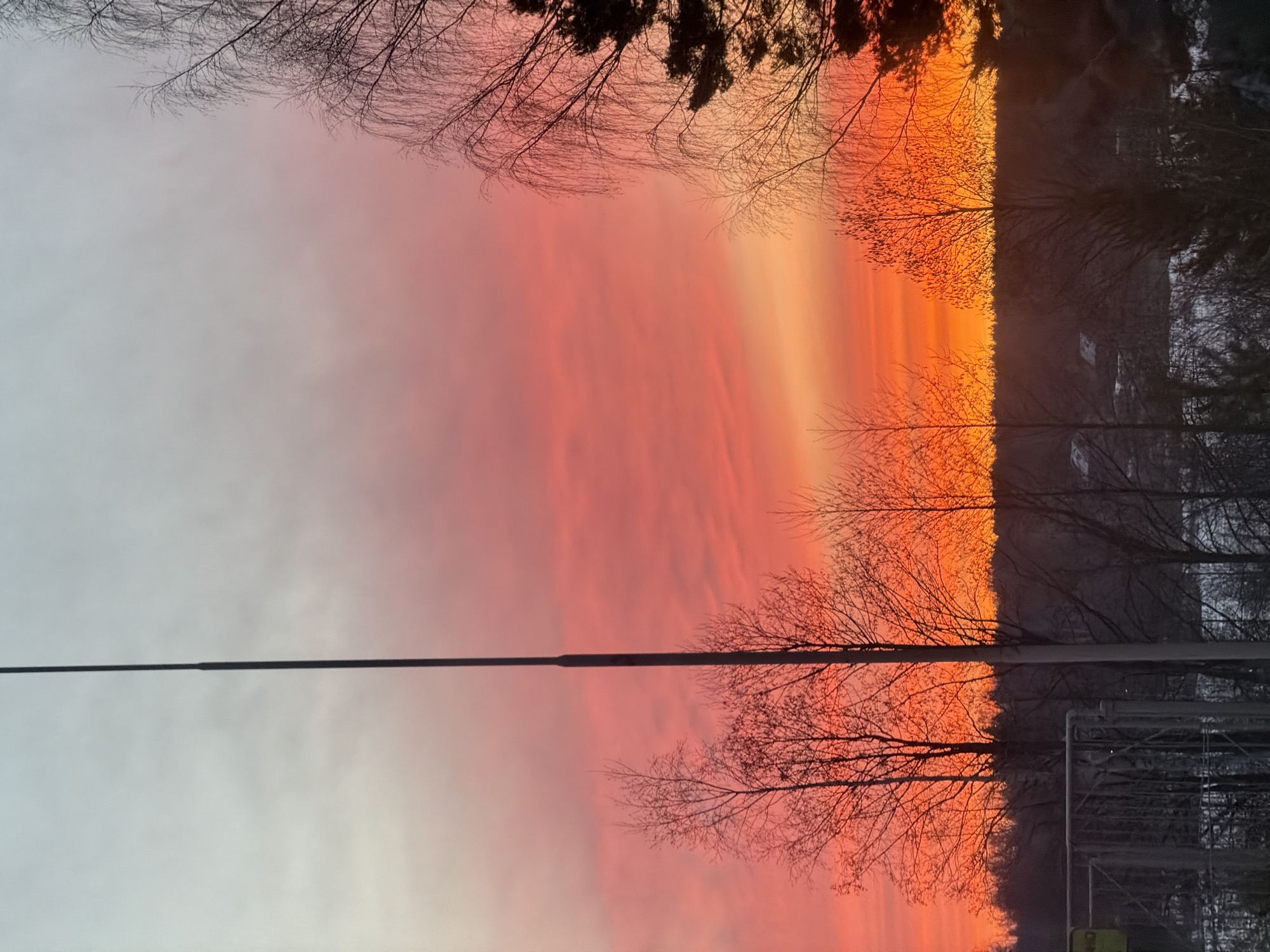 The image depicts a sunset in Izhevsk, Russia. The sky is filled with vibrant colors ranging from pink to orange, with bare tree branches silhouetted against the colorful backdrop. A utility pole extends horizontally across the lower portion of the image. In the lower right corner, buildings and structures can be seen. The general environment appears to be an urban or suburban area during the winter months.