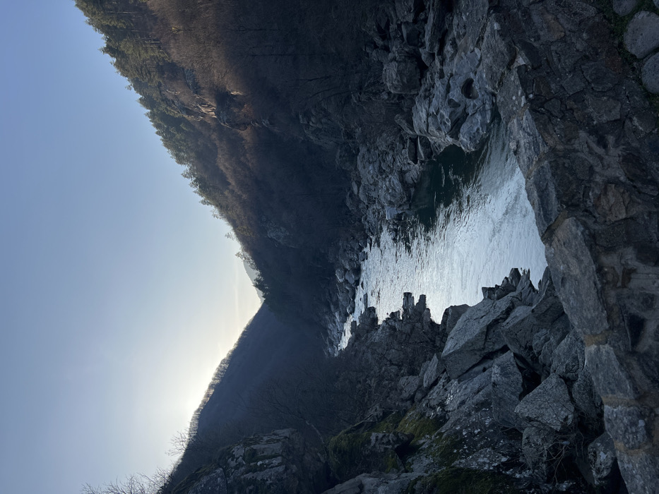 The image depicts a river valley in Diadovtsi, Bulgaria, viewed from an elevated vantage point. A low stone wall constructed of irregular grey masonry is present in the lower right foreground. A river, characterized by reflective, flowing water and a bed comprising numerous grey boulders and rocks, courses through the center of the frame, extending into the distant valley. Steep, forested valley walls flank the river. The left valley wall appears largely shadowed, revealing exposed rock formations and sparse deciduous trees, some with moss visible on the rocks. The right valley wall features a mix of dark deciduous trees and evergreen pines on its upper slopes, with rocky outcrops visible. The sun is low on the far left horizon, creating a bright glow and casting long shadows across the valley. The sky is clear and light blue. No individuals, animals, or specific activities are observed.