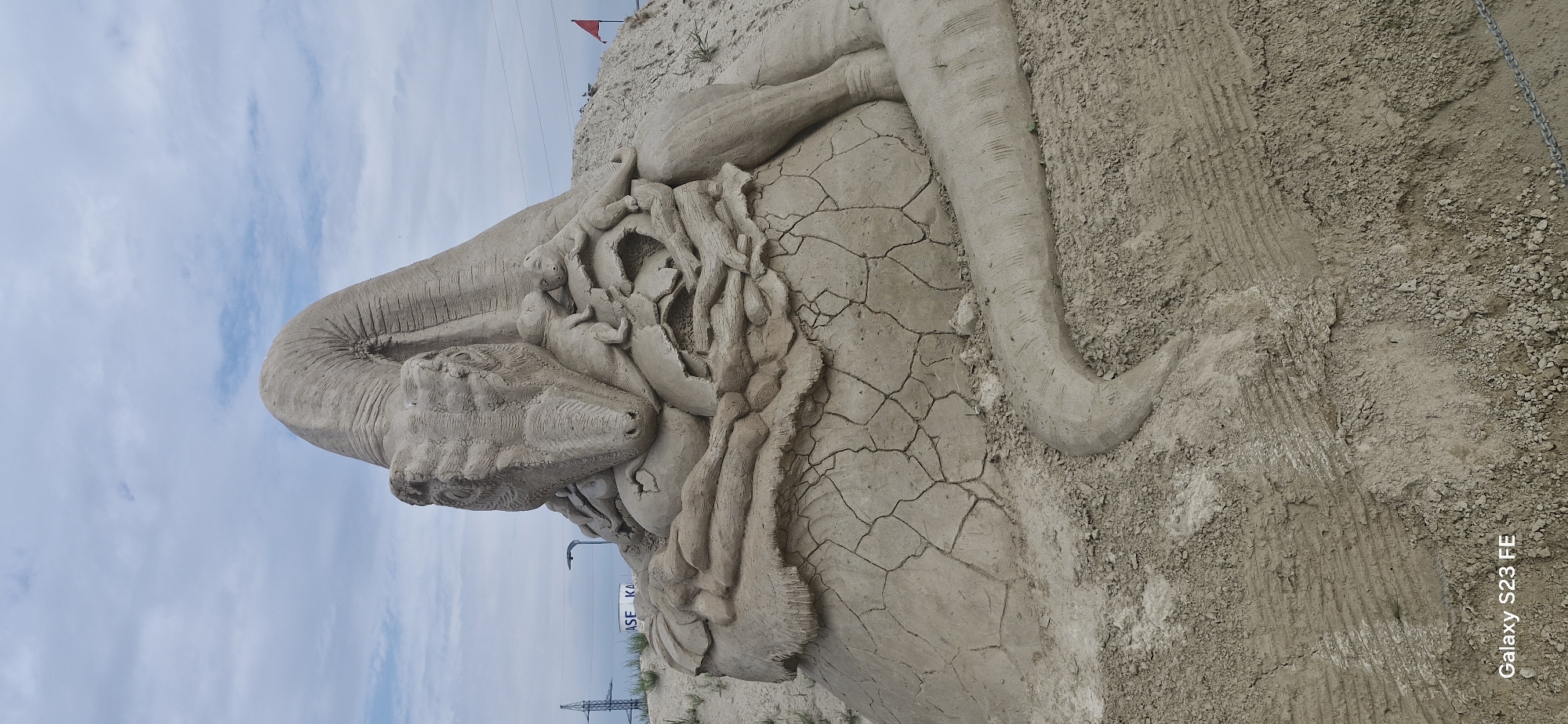 A sand sculpture of a dinosaur and its young is displayed outdoors. The sculpture depicts a large dinosaur with its head resting on a nest of broken eggs and its young. The dinosaur is a sandy brown color and has realistic detailing, including scales and a long tail. The young dinosaurs are also detailed, with their mouths open as if chirping. The sculpture is placed on a sandy surface, with some vegetation and a chain in the foreground. In the background, there are power lines, a street lamp, a red flag on a pole, and a cloudy sky. The location is identified as Jelgava, Latvia.