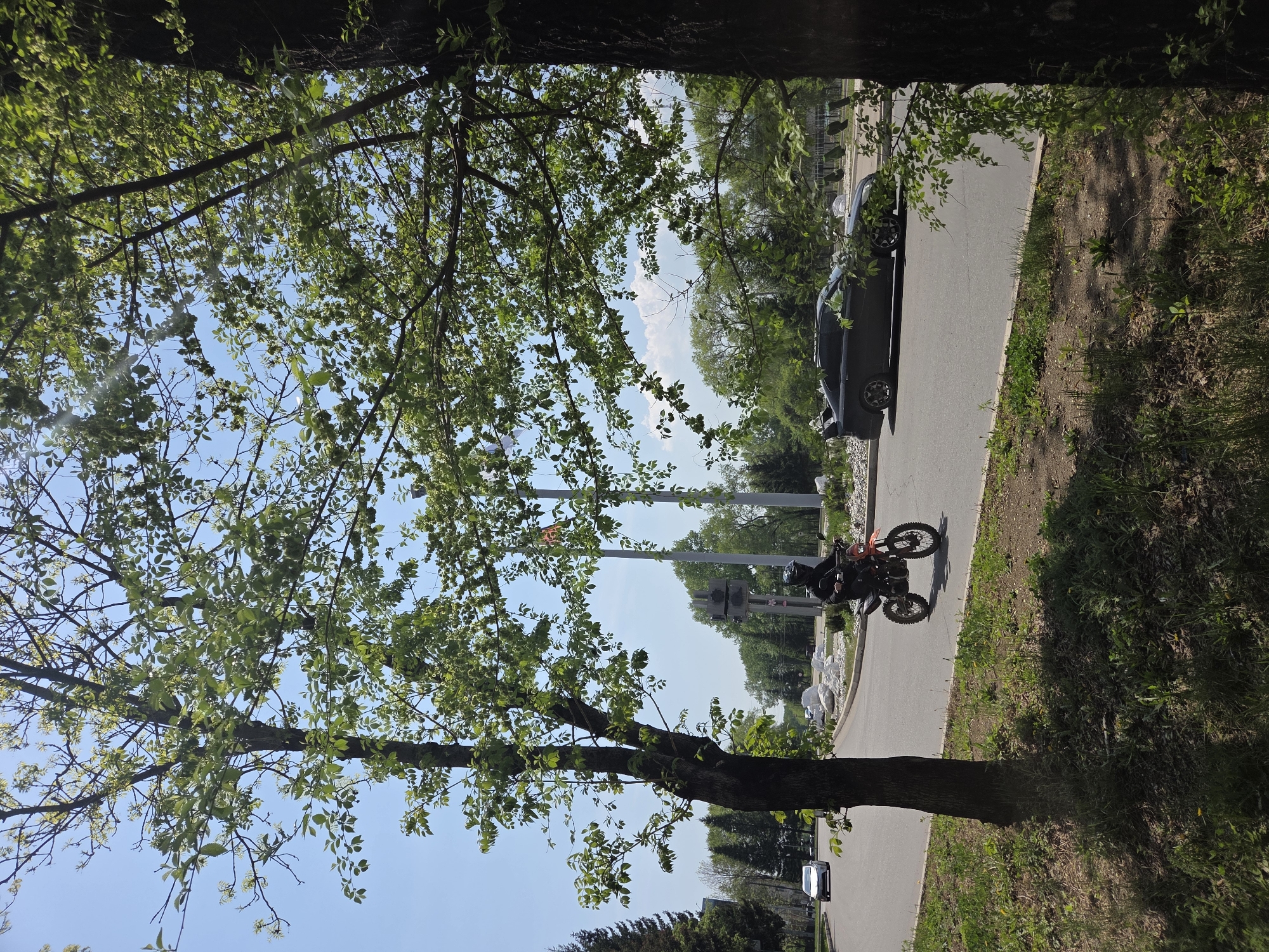The image depicts a street scene in Birobidzhan, Russia on a sunny day. A dirt bike rider, wearing a helmet and dark clothing, is stopped on the side of the road, appearing to be looking ahead towards a train crossing. To the left, a gray sedan is parked alongside the road. The scene is framed by trees, with one large tree in the foreground and foliage obscuring the top and bottom of the frame. The road is paved with grass on either side. In the background, there are power lines, a train crossing signal, and additional trees. The sky is blue with some clouds.