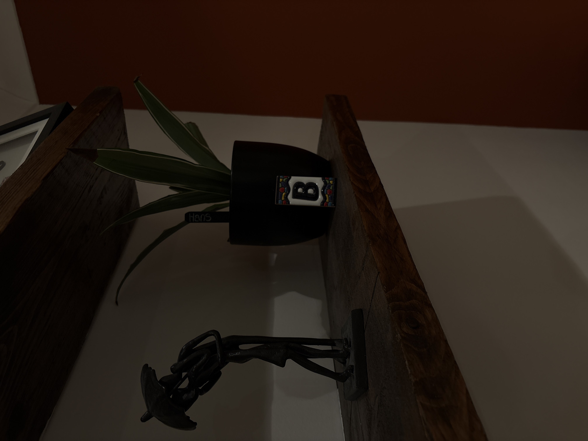 The image shows a wooden shelf with a plant in a black pot. The pot has a white emblem with a black letter "B" on it. The plant has long, green leaves with white stripes. Below the plant is a metal sculpture of a figure holding a shield and sword. The background consists of a white wall and a section of orange wall above it. "Hans" is written on the planter. There is no indication that this image is of Ipswich, United Kingdom.