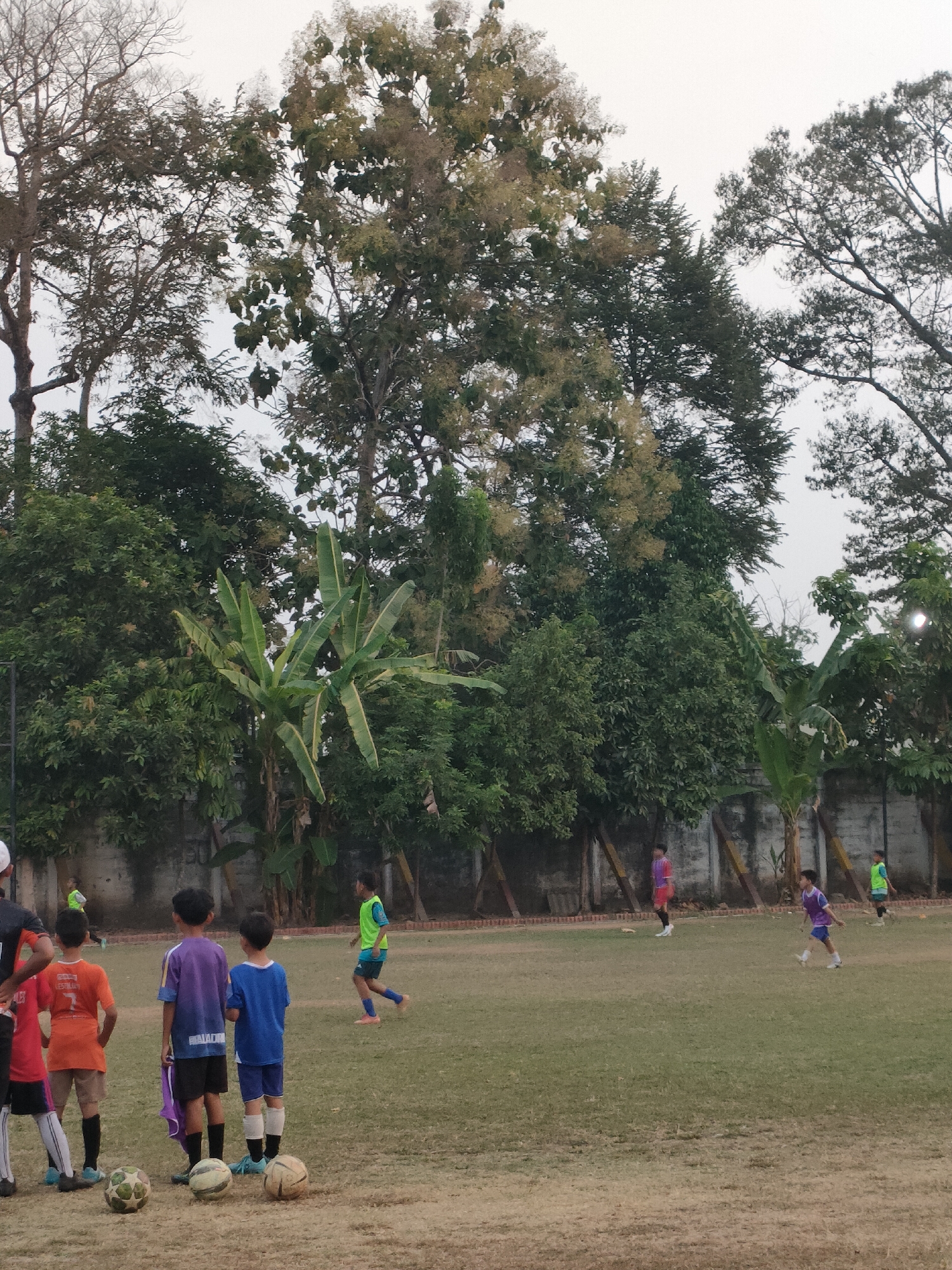 The image depicts a group of young boys playing soccer on a grassy field, likely in Banguntapan, Indonesia, given the presence of tropical vegetation. In the foreground, three boys are visible from behind, with two wearing blue and purple shirts respectively, and one in an orange shirt. They are standing near three soccer balls on the ground. Further in the background, other boys are engaged in soccer activities, with one wearing a green vest and another in a purple and white jersey. The field is bordered by a concrete wall and lush trees and banana plants, suggesting an outdoor recreational area within a tropical climate. The sky is overcast.