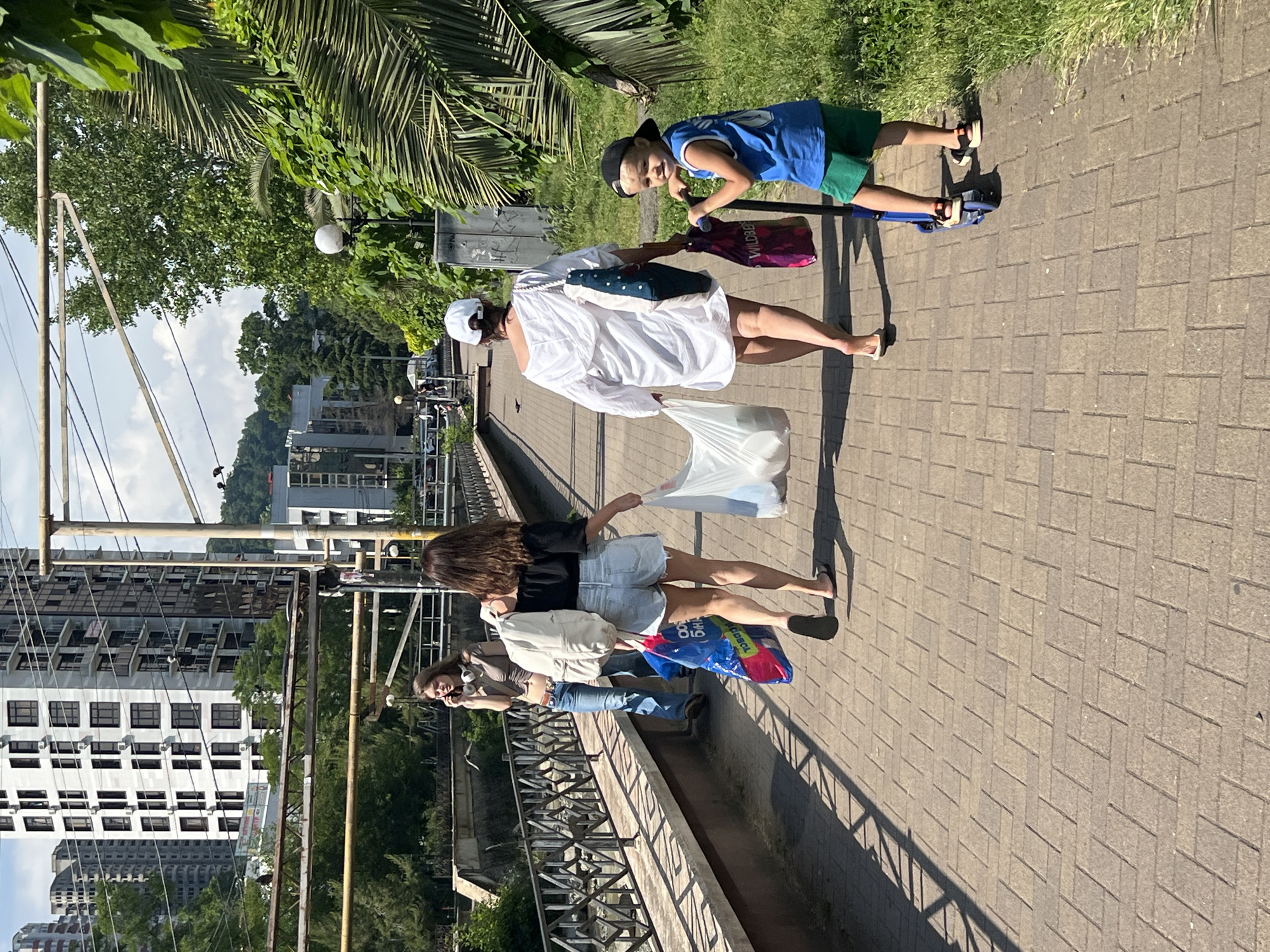 The image depicts a sunlit outdoor scene on a paved pedestrian walkway in Sochi, Russia. The walkway, constructed of light brown rectangular pavers laid in a herringbone pattern, extends horizontally across the frame. To the left, a dark ornamental metal railing separates the path from a concrete-lined channel or waterway.
On the far left, a woman with long brown hair stands facing left, wearing a light brown crop top, blue jeans, and headphones around her neck, engaged in a phone call with a smartphone held to her ear. Further along the path, two women and a young boy are moving from the mid-ground towards the foreground.
The central woman, seen from behind, has wavy brown hair and wears a black off-the-shoulder top, light denim shorts, and black flip-flops. She carries a light-colored backpack on her left shoulder, a large blue and pink shopping bag with Russian text in her left hand, and another white plastic bag in her right hand.
To her right, a second woman, also viewed from behind, wears a white long-sleeved tunic, a white baseball cap, and light-colored flip-flops. She carries two white plastic shopping bags in her left hand and a purple shopping bag, prominently labeled "WILDBERRIES" (a Russian online retailer) in Cyrillic, in her right hand. A dark shoulder bag with white polka dots is slung over her shoulder.
On the far right, a young boy on a blue kick scooter is positioned facing the camera, smiling. He wears a blue tank top, green shorts, and a black baseball cap. The scooter rests on the paved path beside a strip of green grass.
The background features multiple modern, multi-story buildings, some with extensive windows and balconies, interspersed with dense green trees and bushes, including palm trees on the right. A complex network of overhead utility wires and metal support structures crosses the upper portion of the scene. Strong sunlight casts sharp shadows of the railing and figures onto the walkway. A white spherical streetlamp is visible on a pole on the right.