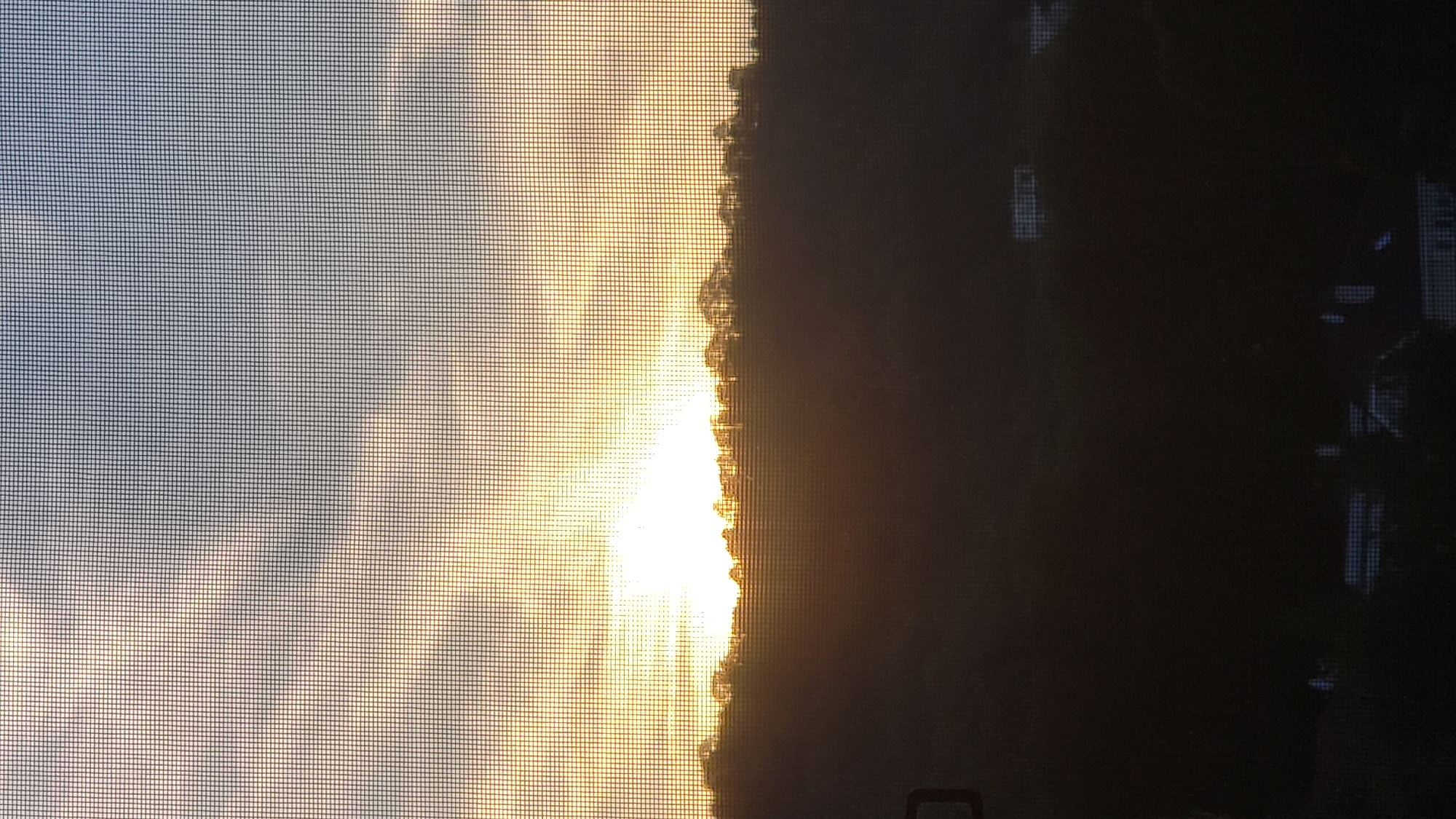 The image captures a sunset viewed through a window screen. The sun is partially obscured by a tree-lined hill, casting a warm glow across the sky, which transitions from bright yellow near the horizon to a pale blue at the top. The foreground is dark, with the silhouettes of buildings visible in the lower portion of the frame. The scene appears to be a residential area in the city of Prešov, Slovakia, suggesting a view from a window overlooking a neighborhood at dusk.