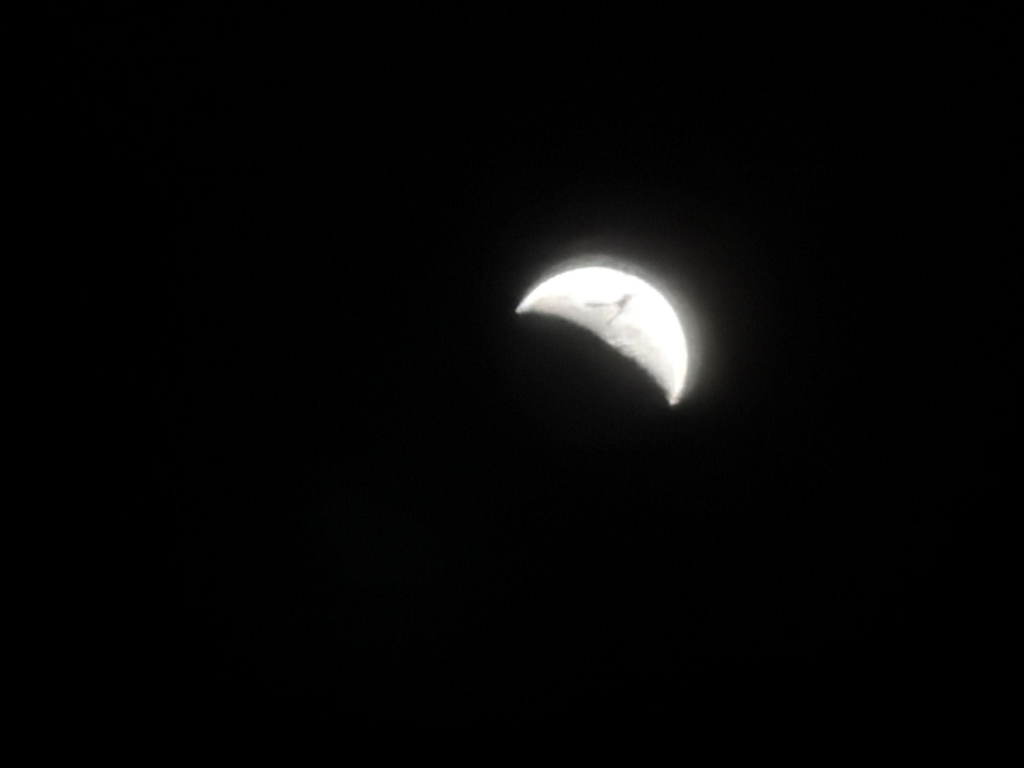 The image displays a close-up view of the Moon in a dark night sky. The Moon is in a crescent or gibbous phase, with approximately half of its disc illuminated and visible as a bright, glowing arc. Its surface shows some textural details, possibly indicating craters or maria, though the image is somewhat soft-focused. The crescent shape is oriented with its illuminated curve facing towards the top right.
The rest of the frame is completely black, indicating a clear, dark night with no other celestial bodies or atmospheric phenomena visible. There are no clouds, stars, or any other light sources present in the vast expanse of darkness surrounding the Moon.
The time of day is clearly night. No specific weather conditions are explicitly indicated beyond a clear sky allowing visibility of the Moon. There are no discernible location cues within the image itself to confirm its origin in Markovo, Russia. No people, objects other than the Moon, or activities are depicted. There is no visible text. The overall impression is one of a solitary celestial body against the infinite darkness of space.