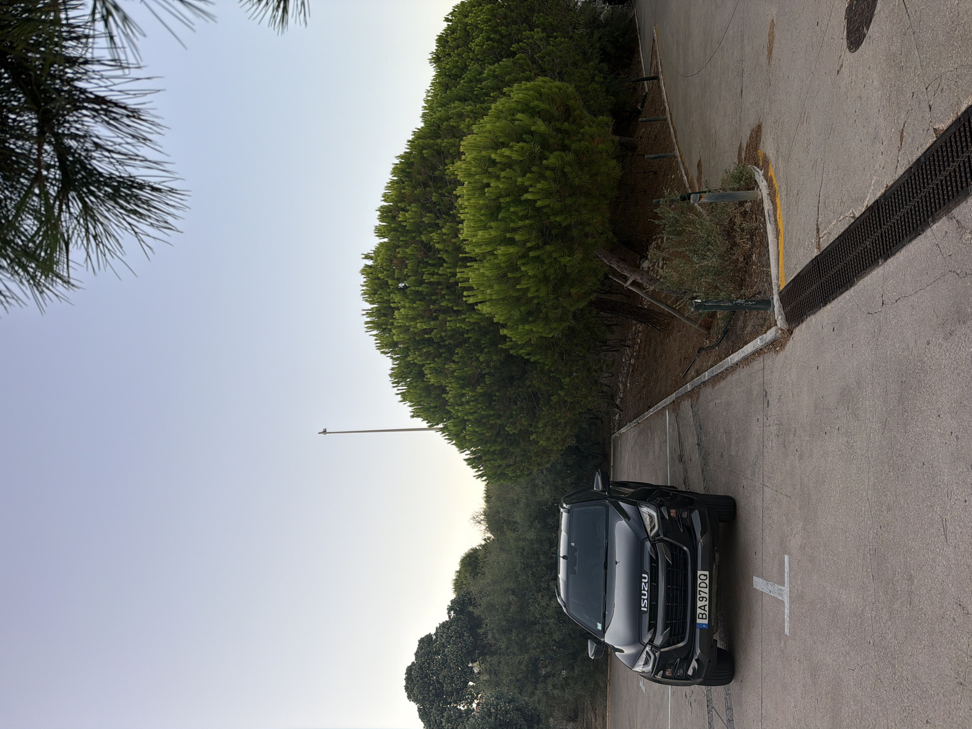 A black Isuzu D-Max truck is parked in a paved lot. The truck has a license plate that reads "BA 97DQ". The lot is bordered by trees and bushes, including several large pine trees. In the background, a tall pole with a light fixture is visible. The sky is a pale blue. The scene appears to be in Cascais, Portugal.