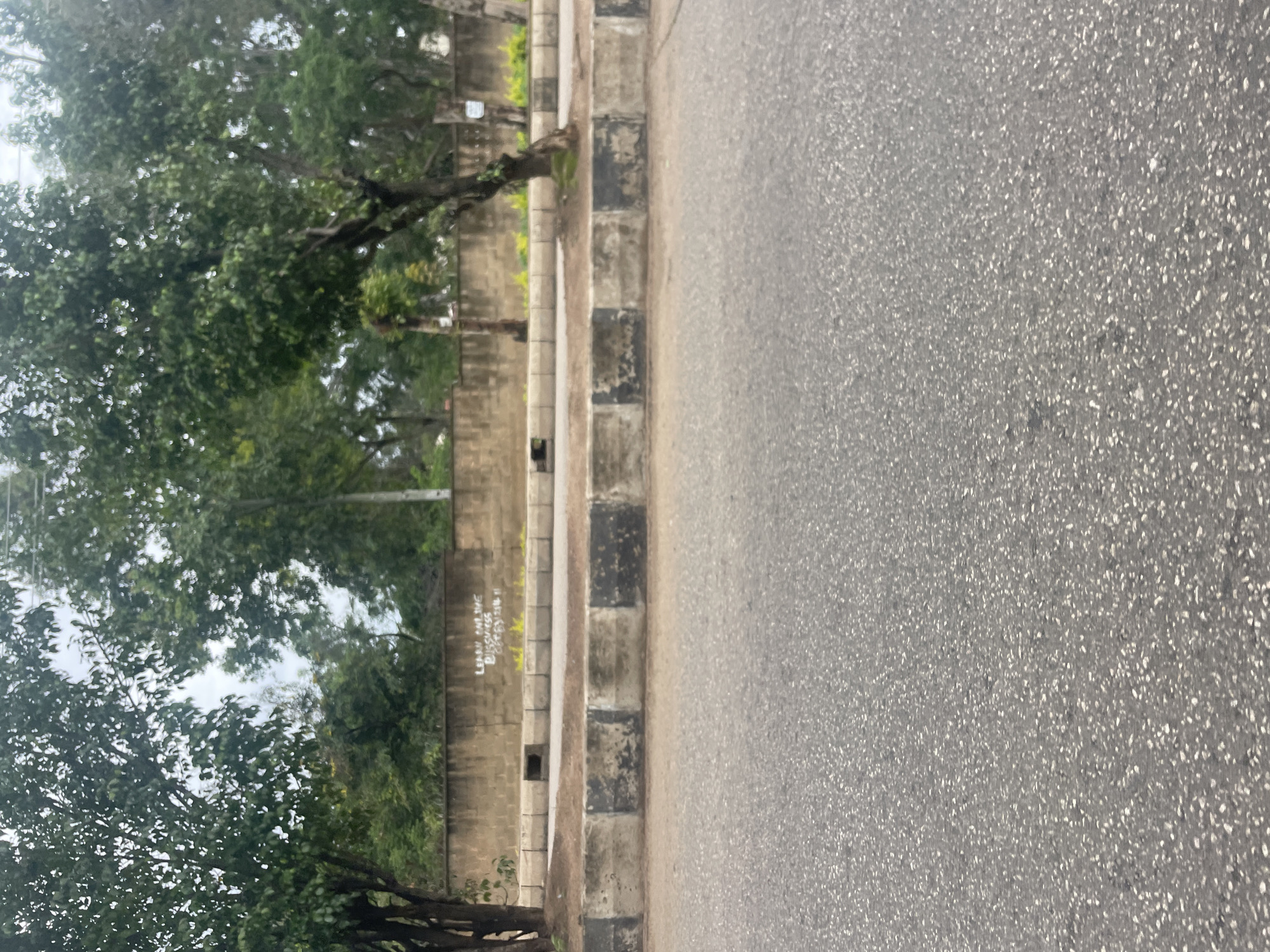 The image shows a street scene in Jos, Nigeria. In the foreground, there is an asphalt road. Behind the road, there is a concrete curb with alternating black and white painted sections. Beyond the curb, there is a low, light brown concrete wall that runs horizontally across the image. The wall has some graffiti on it, which appears to say "LEARN ONLINE BUSINESS SUCCESS!!". On top of the wall, there is some greenery and trees. The sky is overcast. There are no people visible in the image.